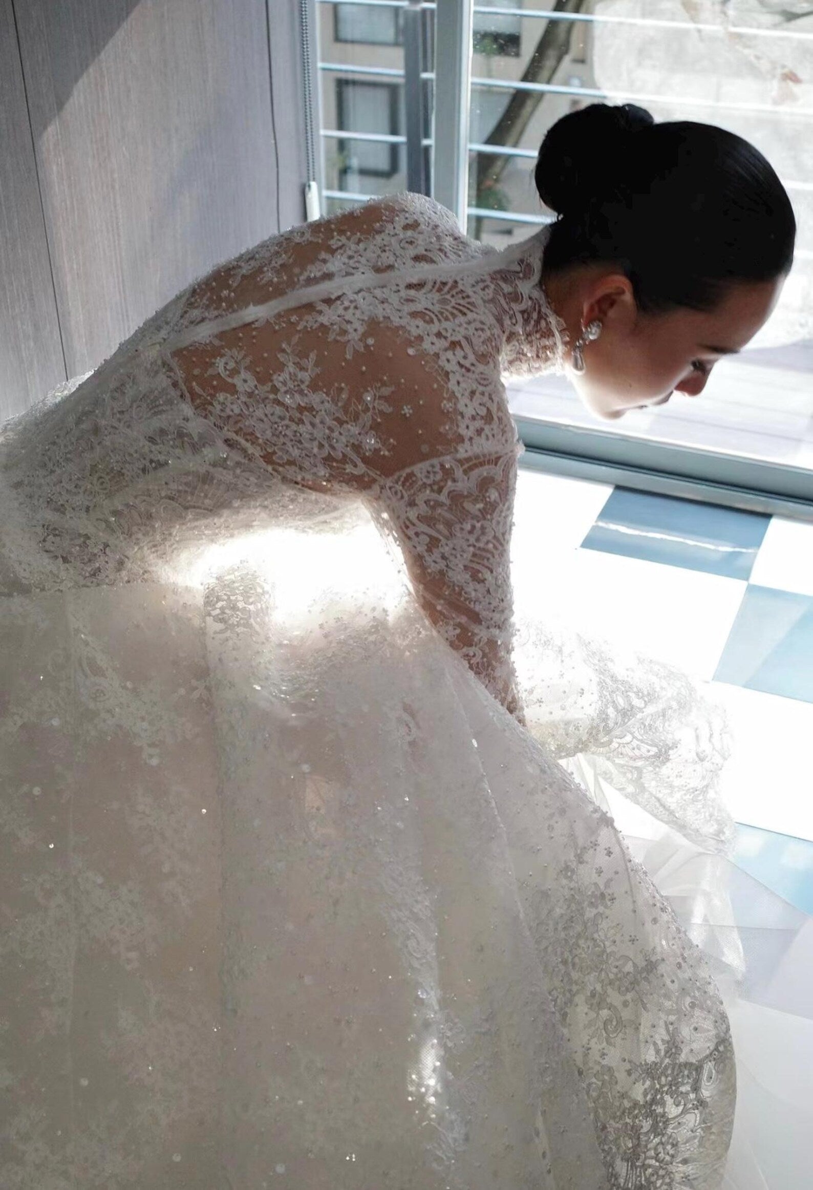 Vintage High Neck Long Sleeve Lace Wedding Dress, Beaded Illusion Bodice, Elegant A-Line Bridal Gown, Custom Made