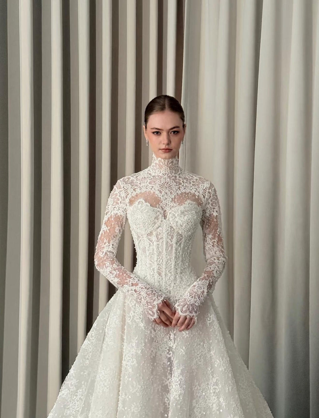 Vintage High Neck Long Sleeve Lace Wedding Dress, Beaded Illusion Bodice, Elegant A-Line Bridal Gown, Custom Made