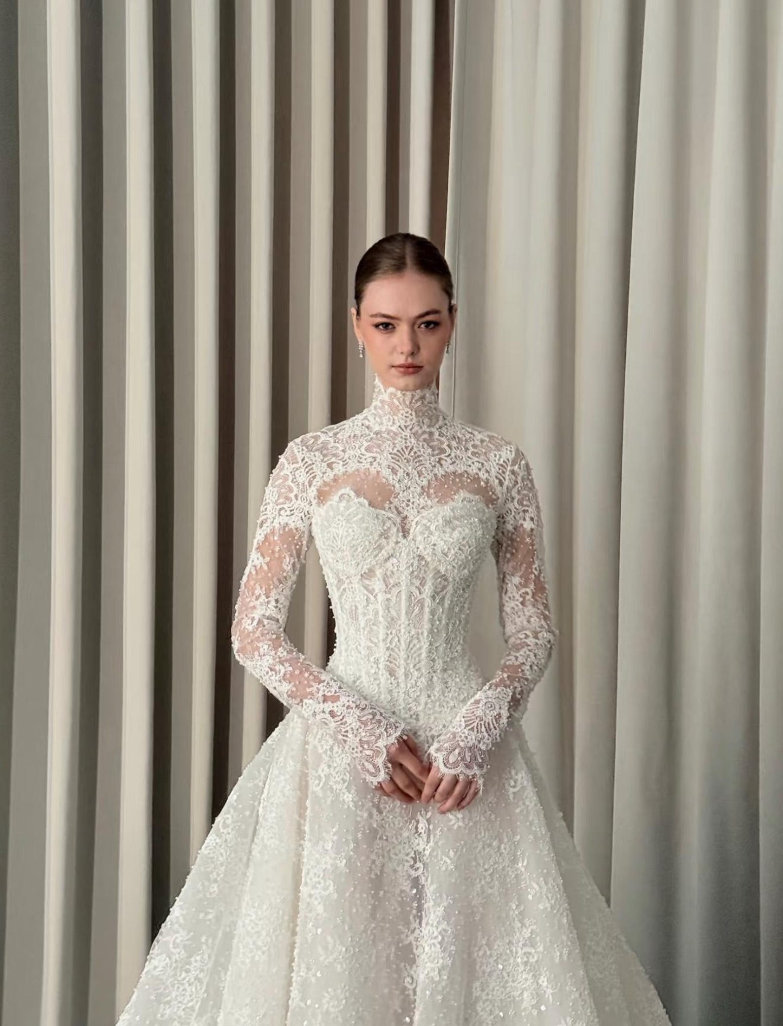 Vintage High Neck Long Sleeve Lace Wedding Dress, Beaded Illusion Bodice, Elegant A-Line Bridal Gown, Custom Made