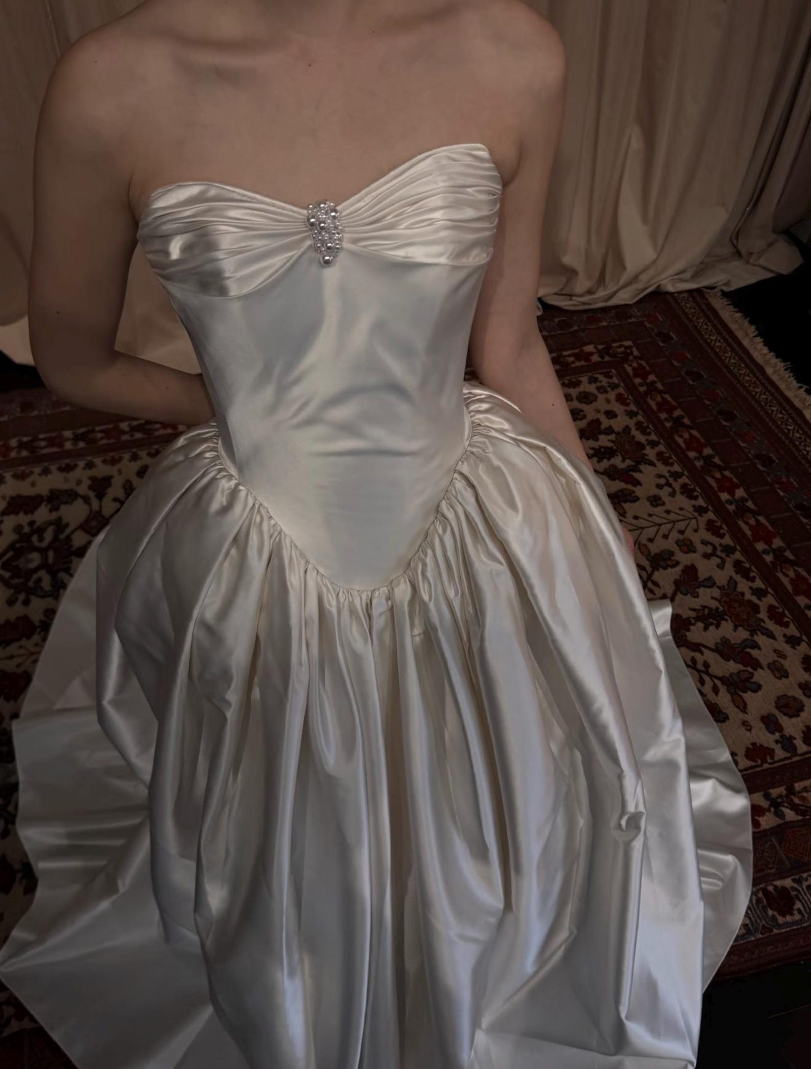 Vintage Off Shoulder Satin Ball Gown Wedding Dress, Sweetheart Bodice with Basque Waist, Elegant Ivory Bridal Gown, Custom Made