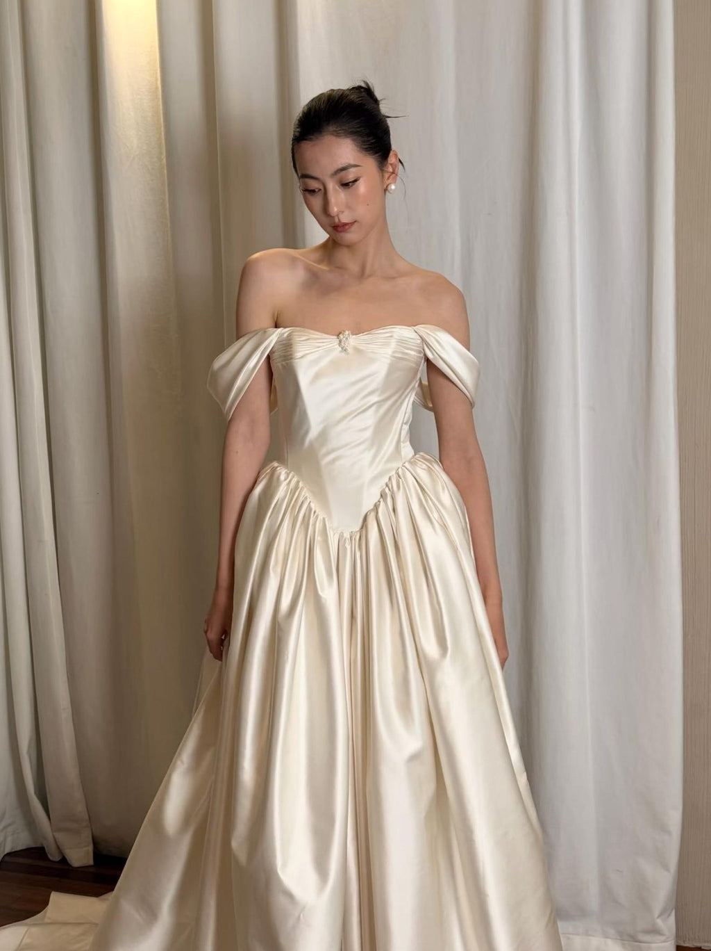 Vintage Off Shoulder Satin Ball Gown Wedding Dress, Sweetheart Bodice with Basque Waist, Elegant Ivory Bridal Gown, Custom Made