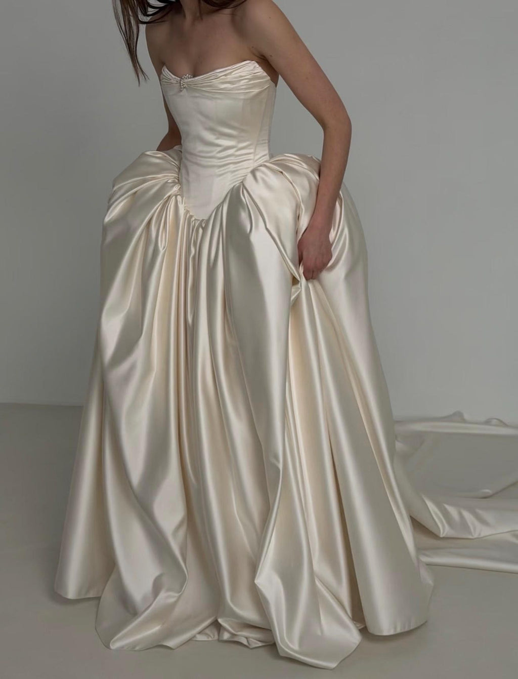 Vintage Off Shoulder Satin Ball Gown Wedding Dress, Sweetheart Bodice with Basque Waist, Elegant Ivory Bridal Gown, Custom Made