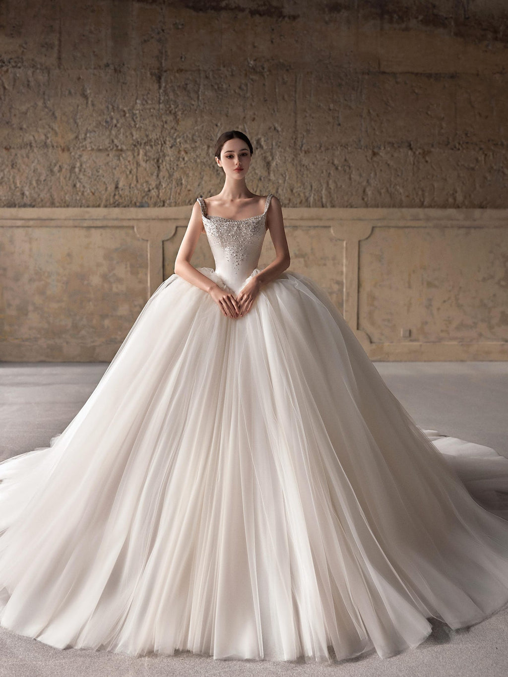Luxury Beaded Wide Strap Ball Gown Wedding Dress, Crystal Embellished Bodice, Voluminous Tulle Skirt with Train, Elegant Ivory Bridal Gown