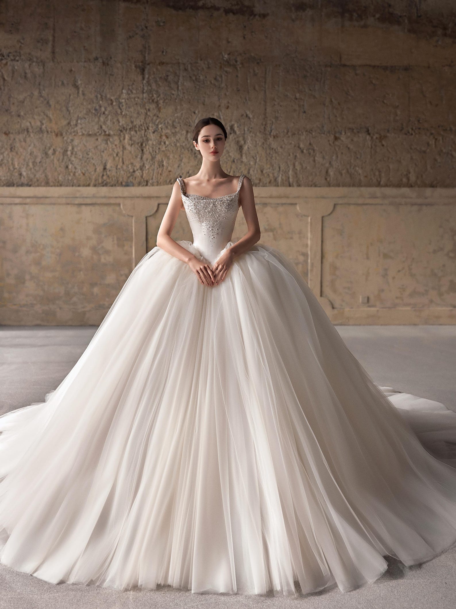 Luxury Beaded Wide Strap Ball Gown Wedding Dress, Crystal Embellished Bodice, Voluminous Tulle Skirt with Train, Elegant Ivory Bridal Gown