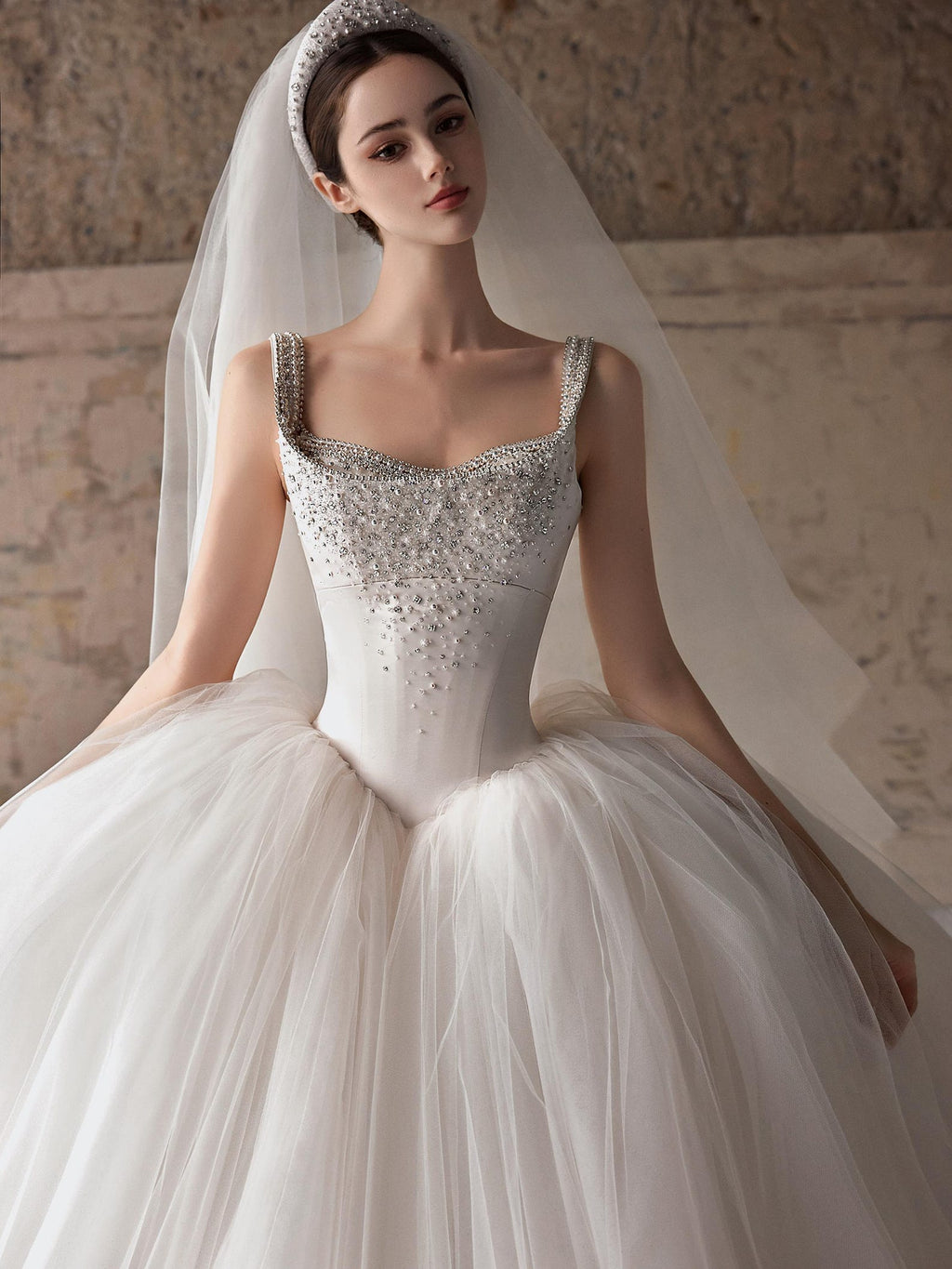 Luxury Beaded Wide Strap Ball Gown Wedding Dress, Crystal Embellished Bodice, Voluminous Tulle Skirt with Train, Elegant Ivory Bridal Gown