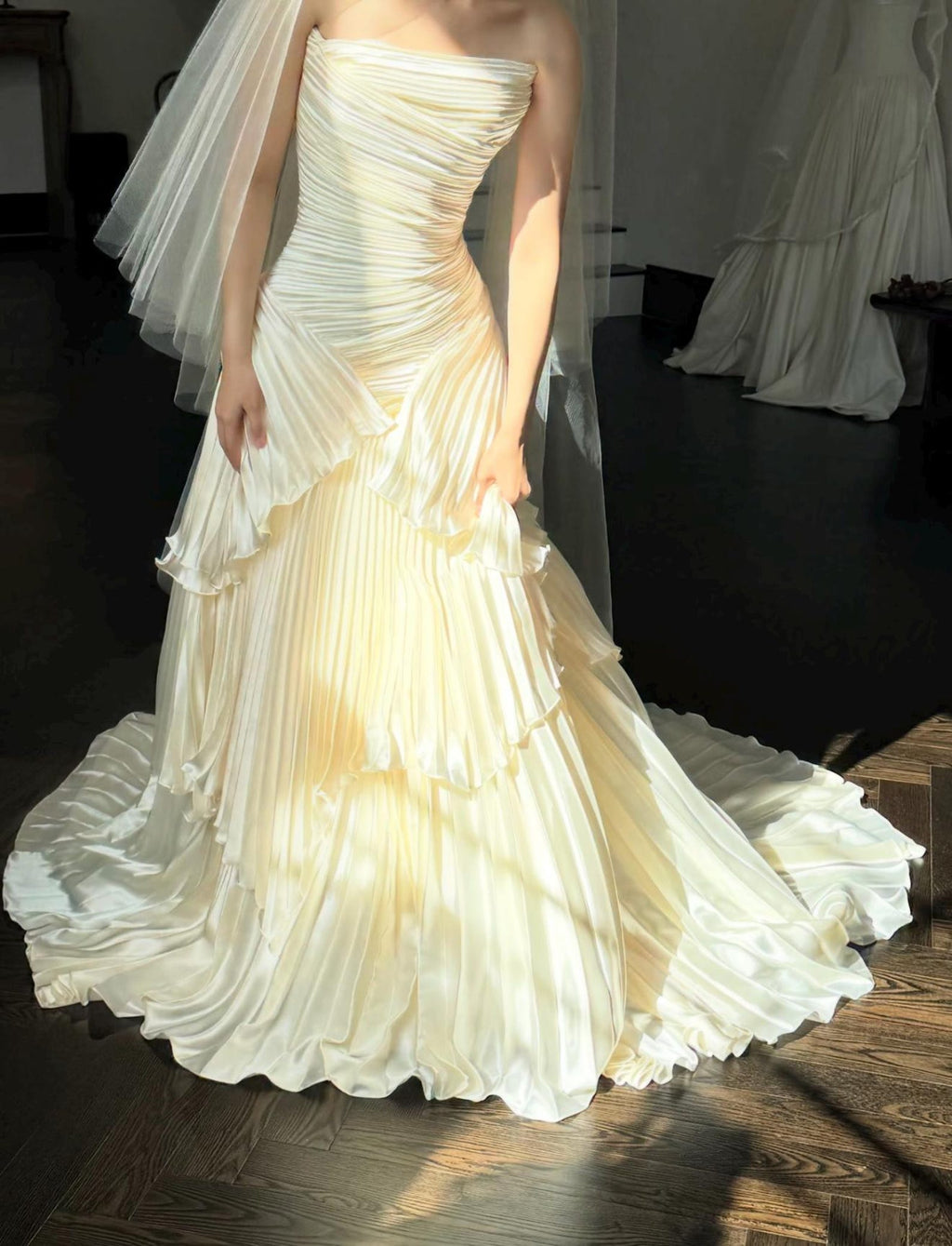 Strapless Draped Pleated Satin Wedding Dress, Tiered Pleat Skirt Bridal Gown, Minimalist Ivory Custom Wedding Dress