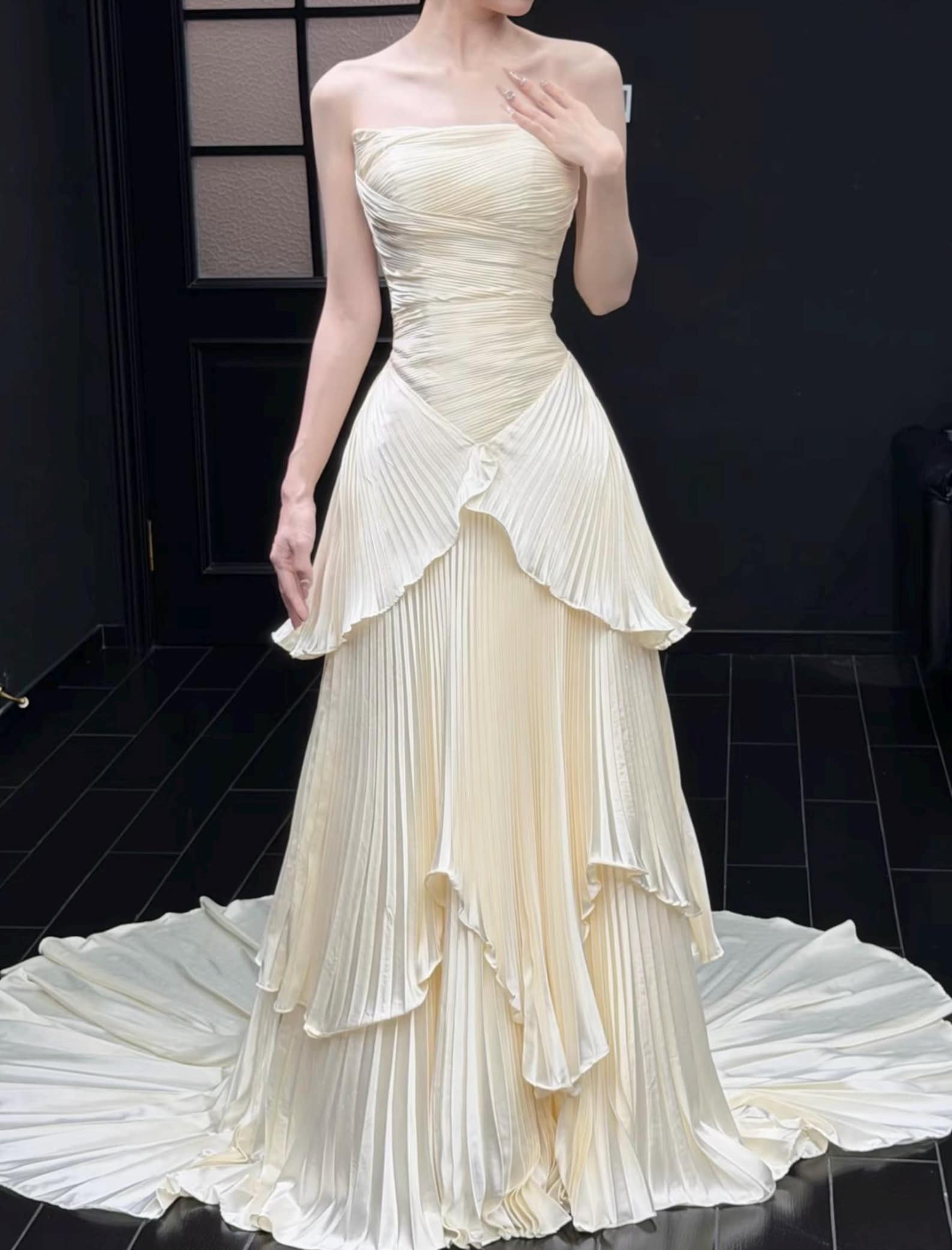 Strapless Draped Pleated Satin Wedding Dress, Tiered Pleat Skirt Bridal Gown, Minimalist Ivory Custom Wedding Dress