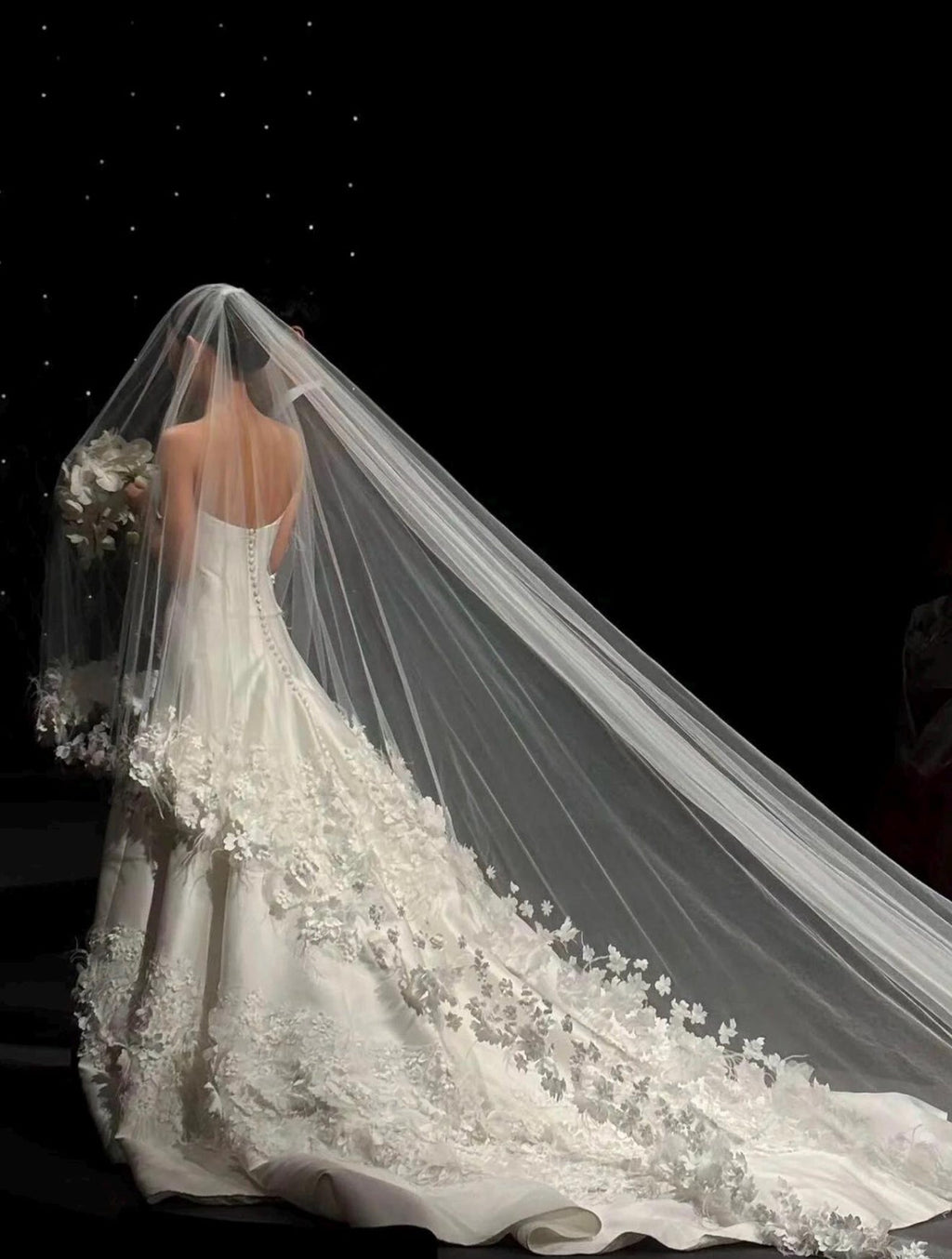 Elegant Strapless Satin A-Line Wedding Dress with 3D Floral Appliqués, Matching 3D Flower Veil, Romantic Ivory Bridal Gown, Custom Made