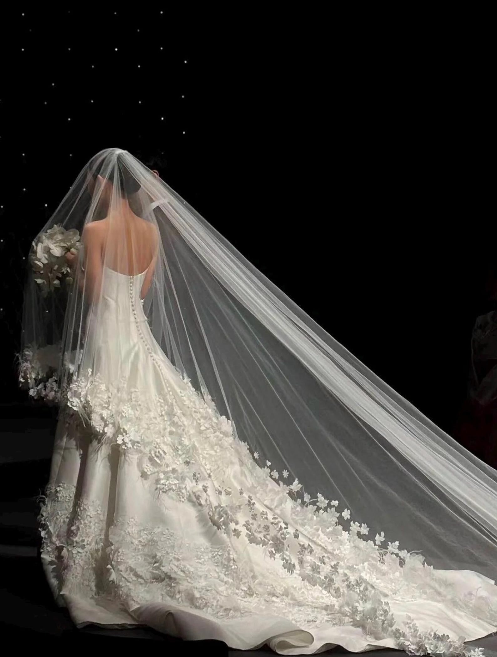 Elegant Strapless Satin A-Line Wedding Dress with 3D Floral Appliqués, Matching 3D Flower Veil, Romantic Ivory Bridal Gown, Custom Made