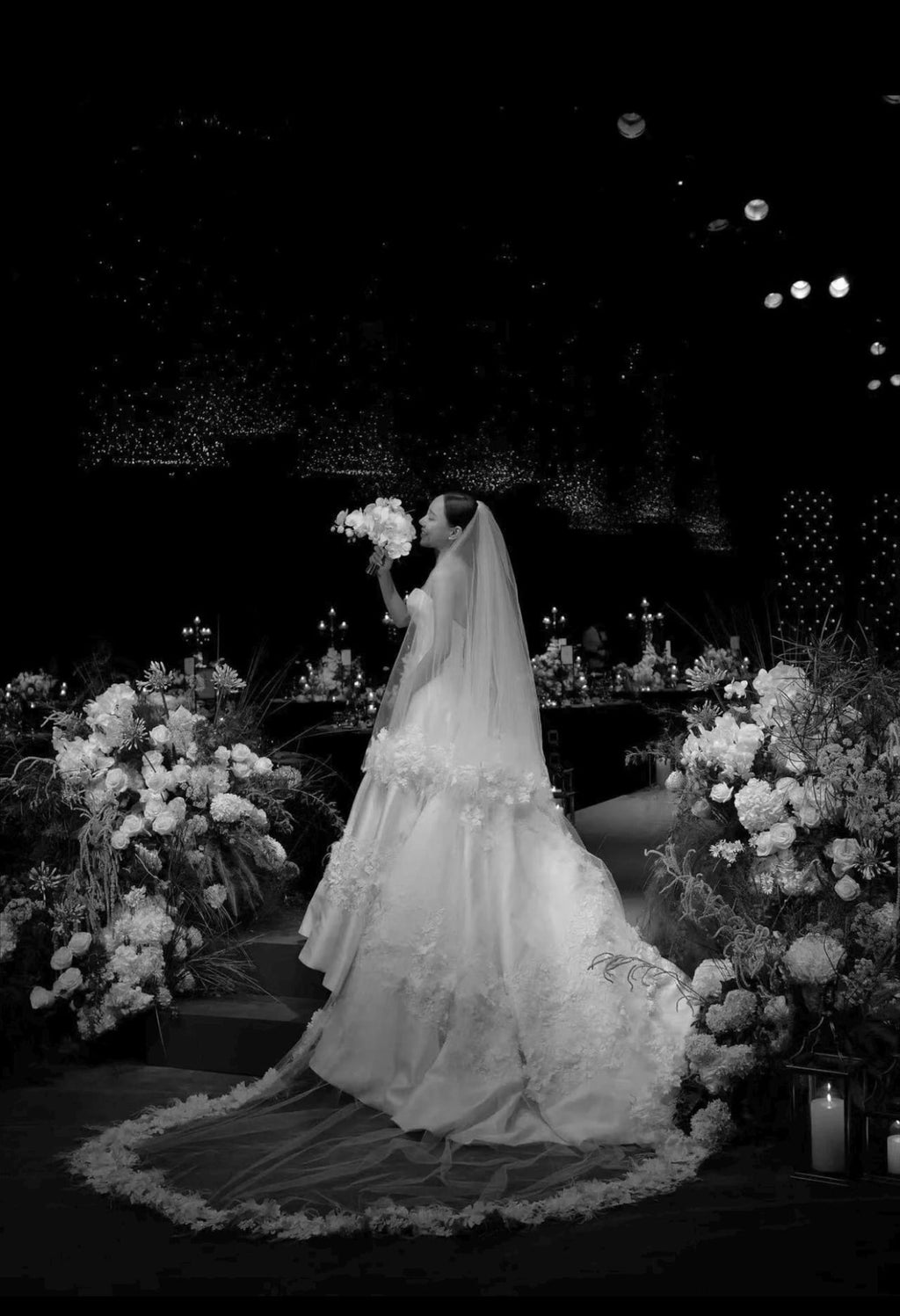Elegant Strapless Satin A-Line Wedding Dress with 3D Floral Appliqués, Matching 3D Flower Veil, Romantic Ivory Bridal Gown, Custom Made