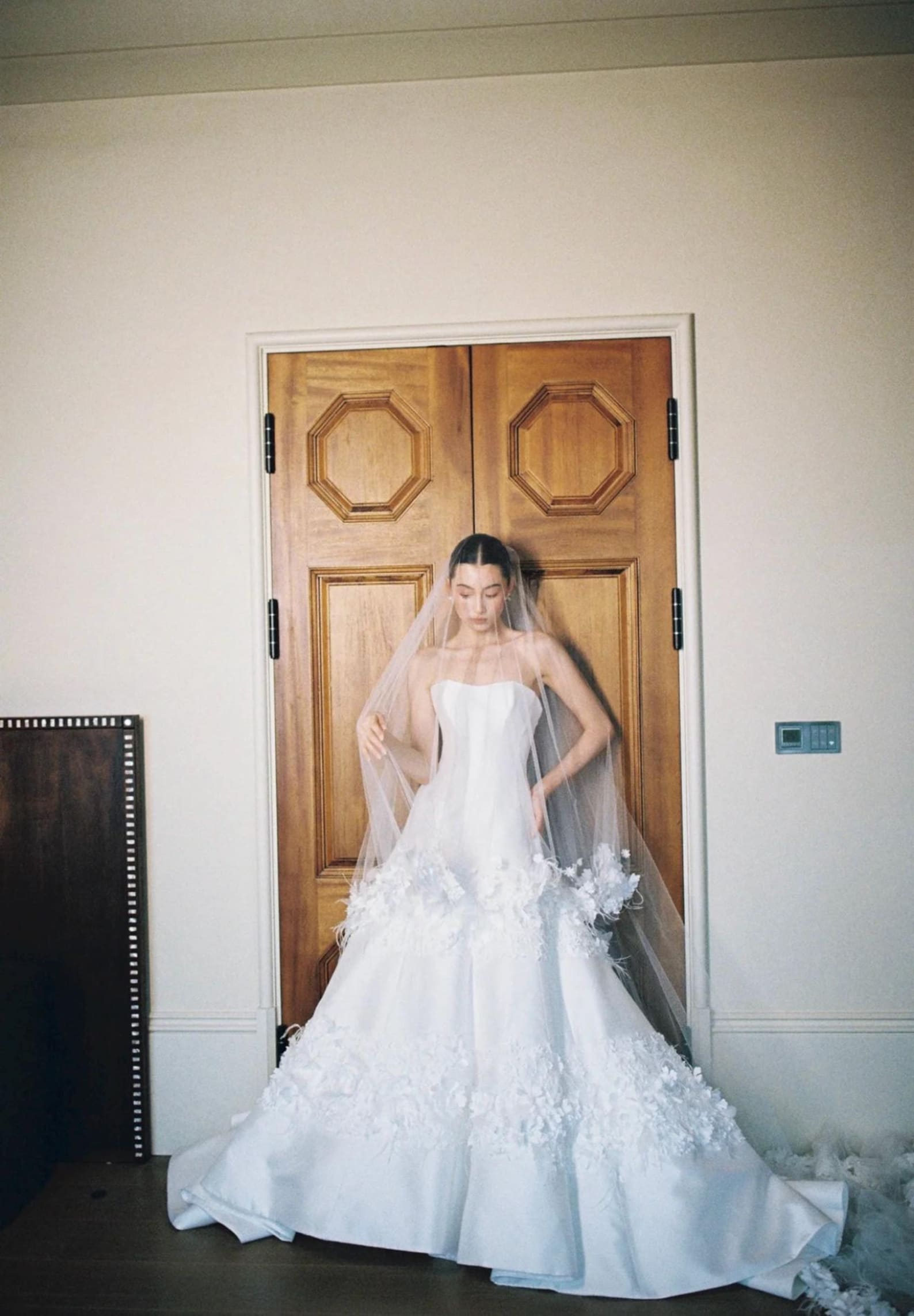 Elegant Strapless Satin A-Line Wedding Dress with 3D Floral Appliqués, Matching 3D Flower Veil, Romantic Ivory Bridal Gown, Custom Made