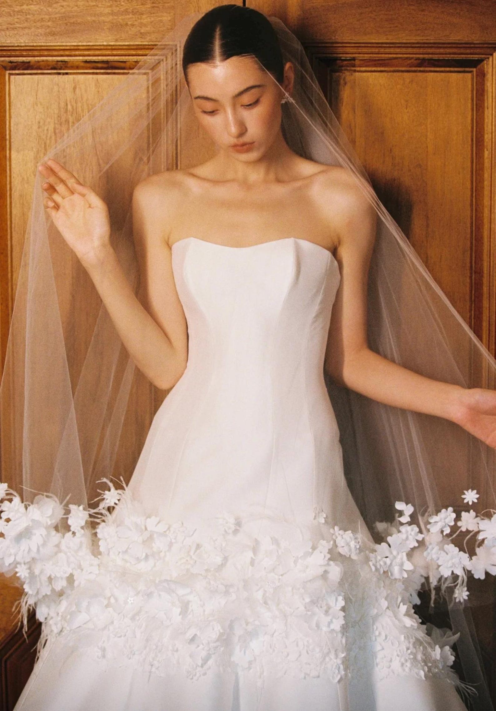 Elegant Strapless Satin A-Line Wedding Dress with 3D Floral Appliqués, Matching 3D Flower Veil, Romantic Ivory Bridal Gown, Custom Made