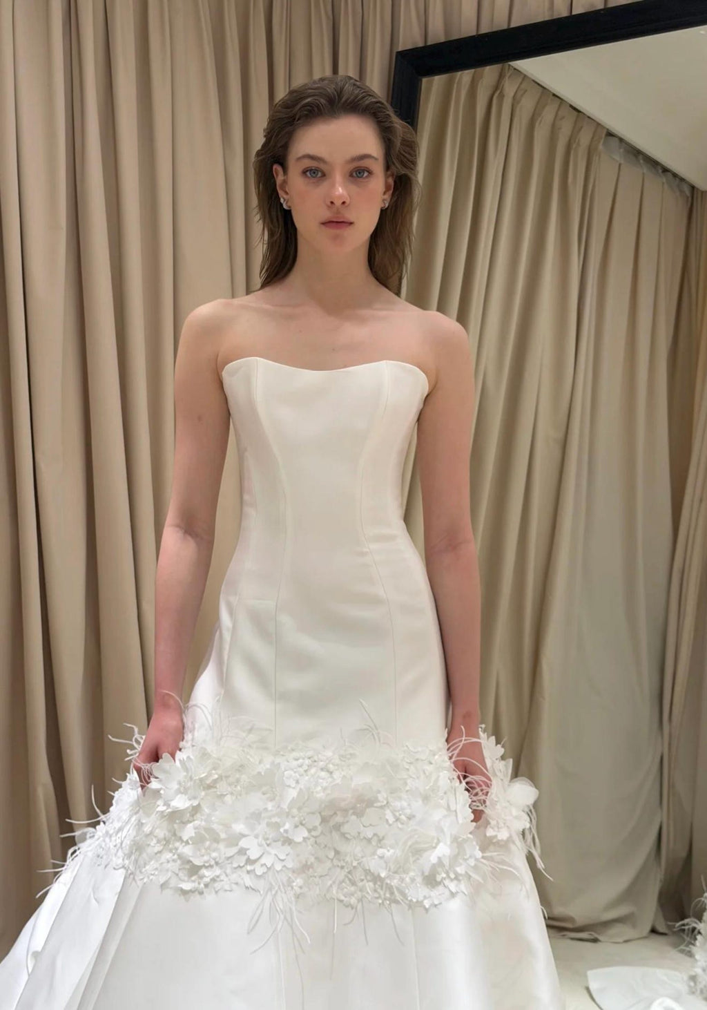 Elegant Strapless Satin A-Line Wedding Dress with 3D Floral Appliqués, Matching 3D Flower Veil, Romantic Ivory Bridal Gown, Custom Made