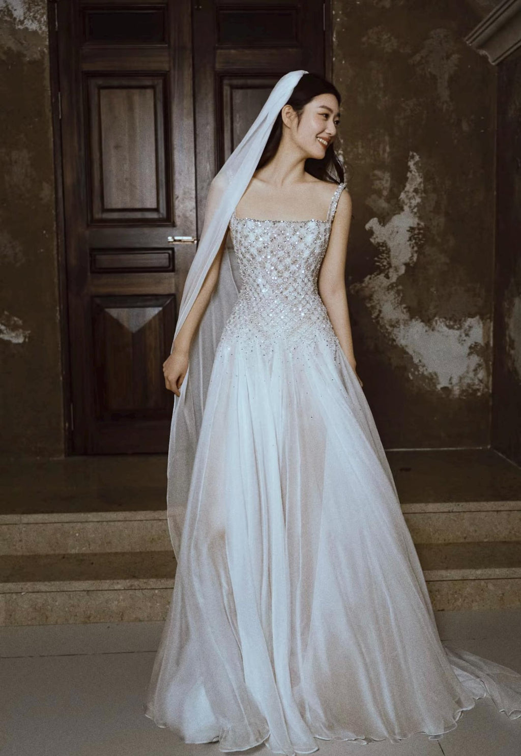Luxury Beaded Square Neck A-Line Wedding Dress, Crystal Embellished Bodice with Open Back, Flowing Tulle Skirt, Elegant Ivory Bridal Gown