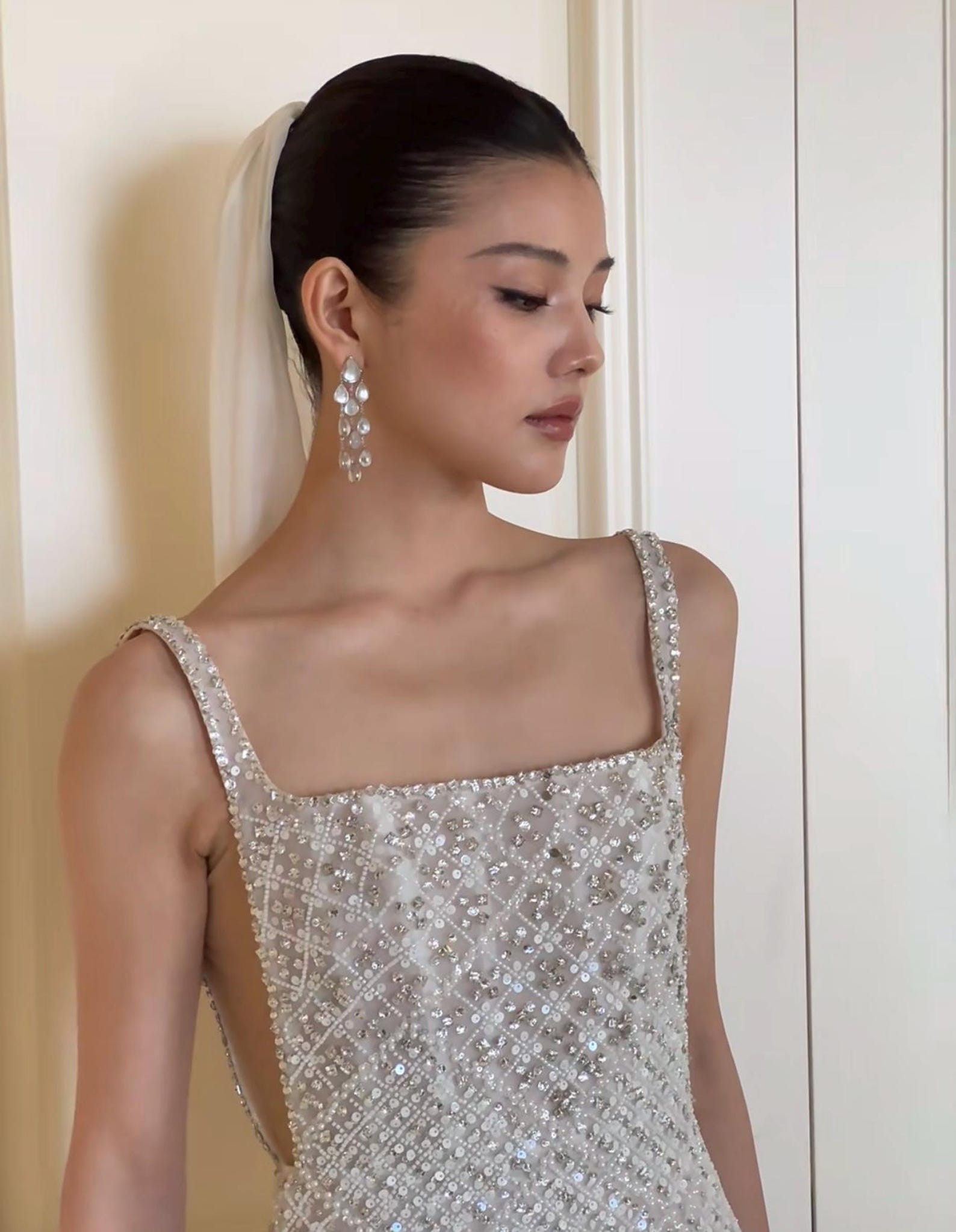 Luxury Beaded Square Neck A-Line Wedding Dress, Crystal Embellished Bodice with Open Back, Flowing Tulle Skirt, Elegant Ivory Bridal Gown