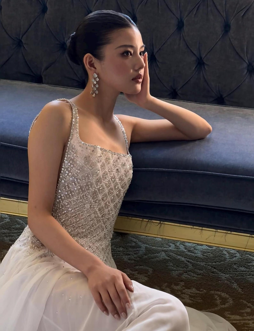 Luxury Beaded Square Neck A-Line Wedding Dress, Crystal Embellished Bodice with Open Back, Flowing Tulle Skirt, Elegant Ivory Bridal Gown