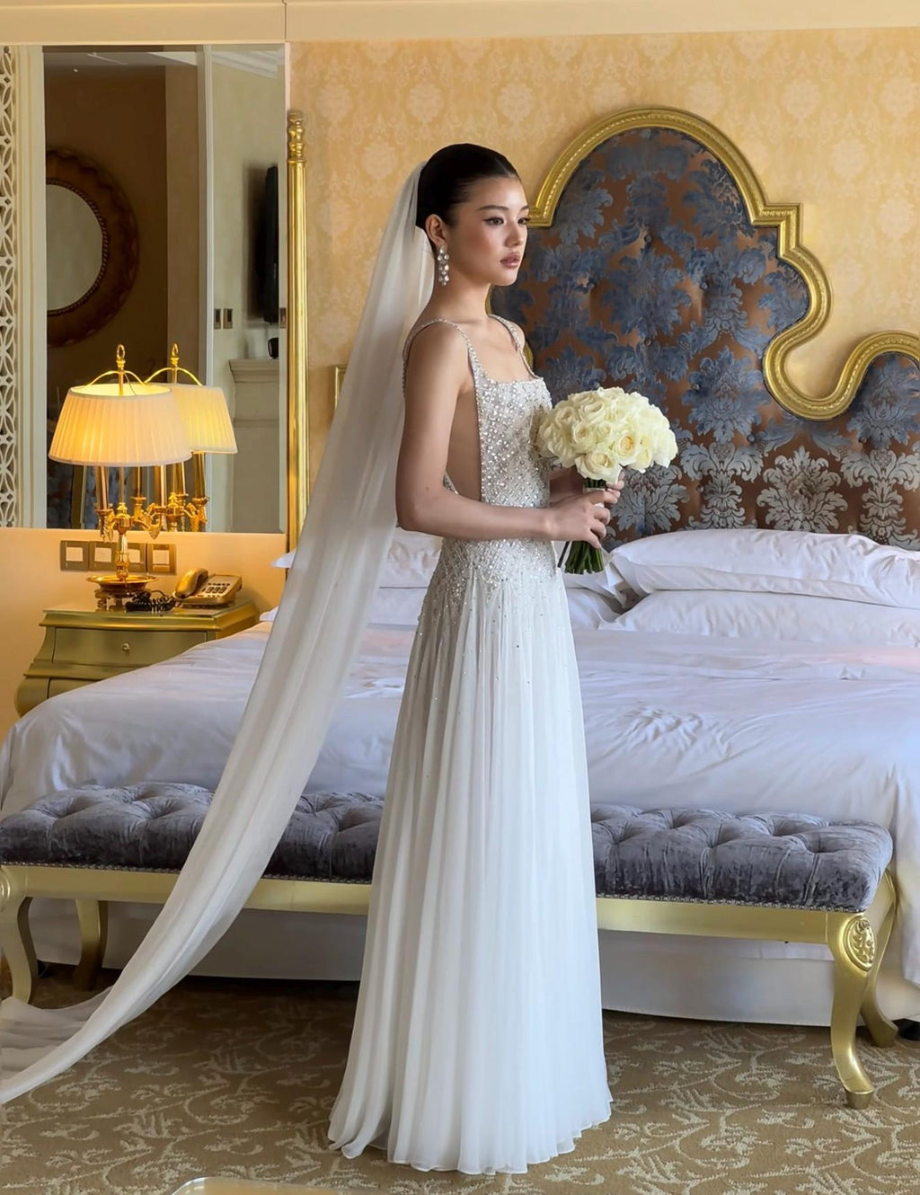 Luxury Beaded Square Neck A-Line Wedding Dress, Crystal Embellished Bodice with Open Back, Flowing Tulle Skirt, Elegant Ivory Bridal Gown