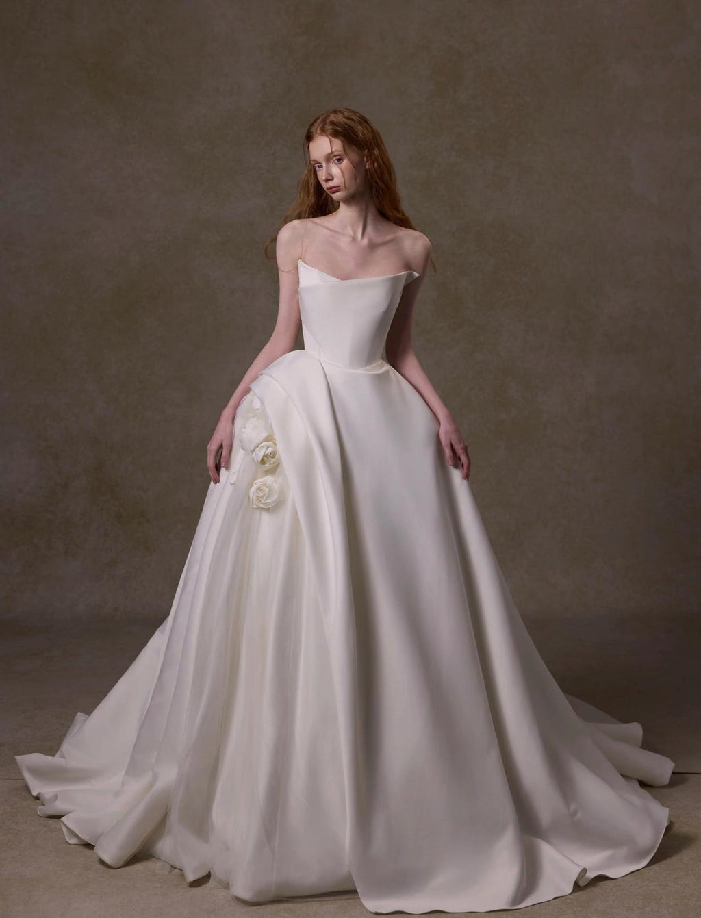 Strapless Matte Satin Ball Gown Wedding Dress,Hand‑crafted 3D Fabric Rose Bridal Gown,Ivory Chapel Train Couture Bridal Dress