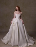 Strapless Matte Satin Ball Gown Wedding Dress,Hand‑crafted 3D Fabric Rose Bridal Gown,Ivory Chapel Train Couture Bridal Dress
