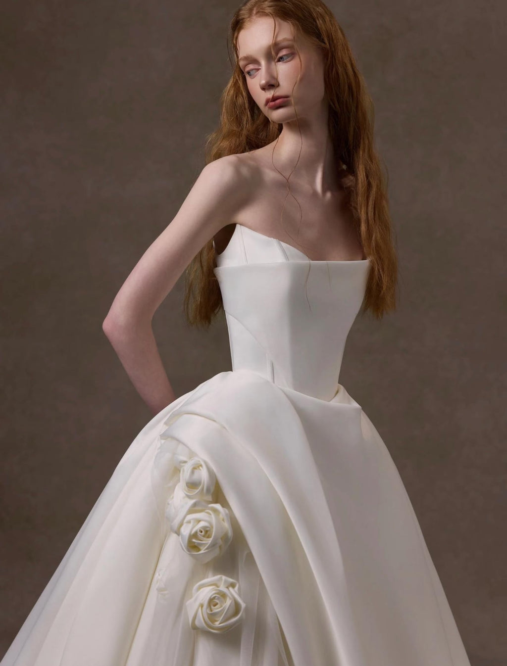 Strapless Matte Satin Ball Gown Wedding Dress,Hand‑crafted 3D Fabric Rose Bridal Gown,Ivory Chapel Train Couture Bridal Dress
