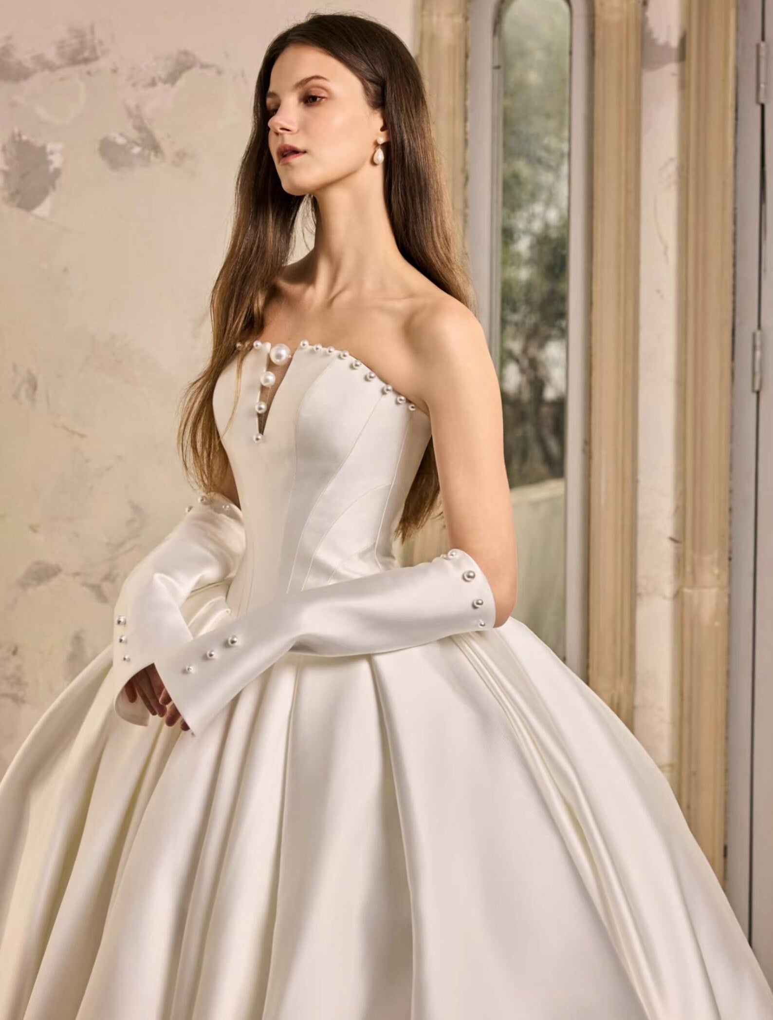 Strapless Satin Ball Gown Wedding Dress,Pearl Trim Bridal Gown,Detachable Pearl Satin Gloves,Ivory Voluminous Bridal Dress