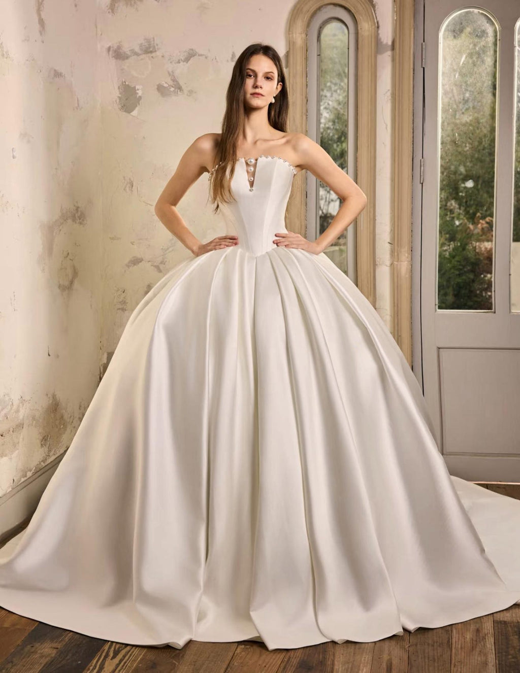Strapless Satin Ball Gown Wedding Dress,Pearl Trim Bridal Gown,Detachable Pearl Satin Gloves,Ivory Voluminous Bridal Dress