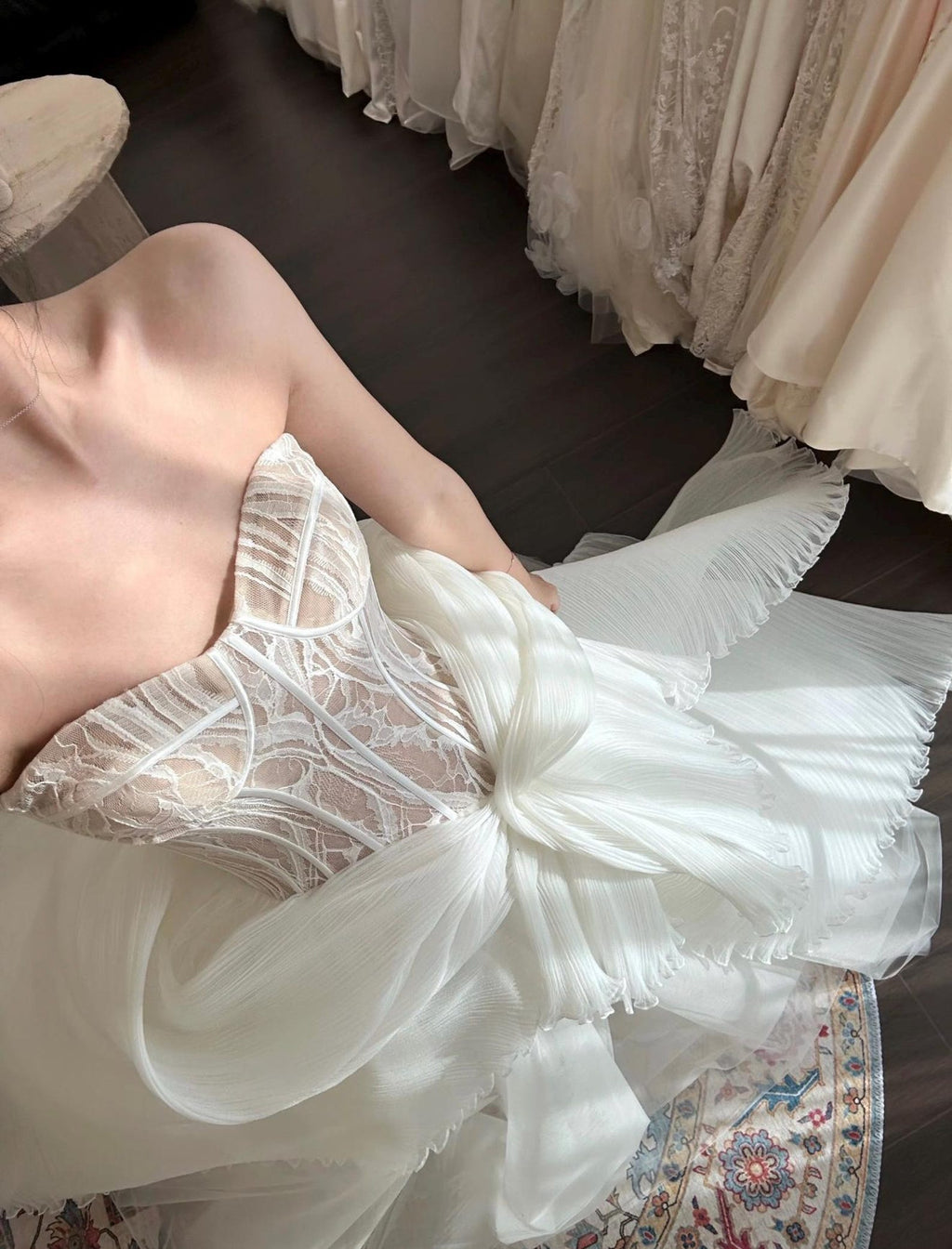 Custom Strapless Corset Bridal Gown, Tulle Skirt With Oversized Bow For Wedding