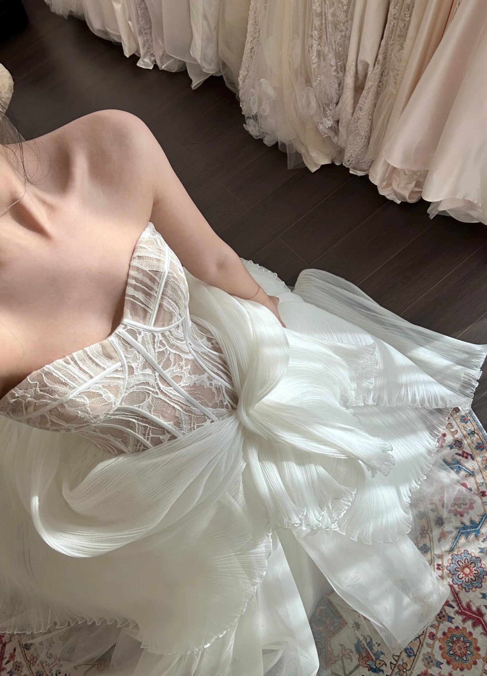 Custom Strapless Corset Bridal Gown, Tulle Skirt With Oversized Bow For Wedding