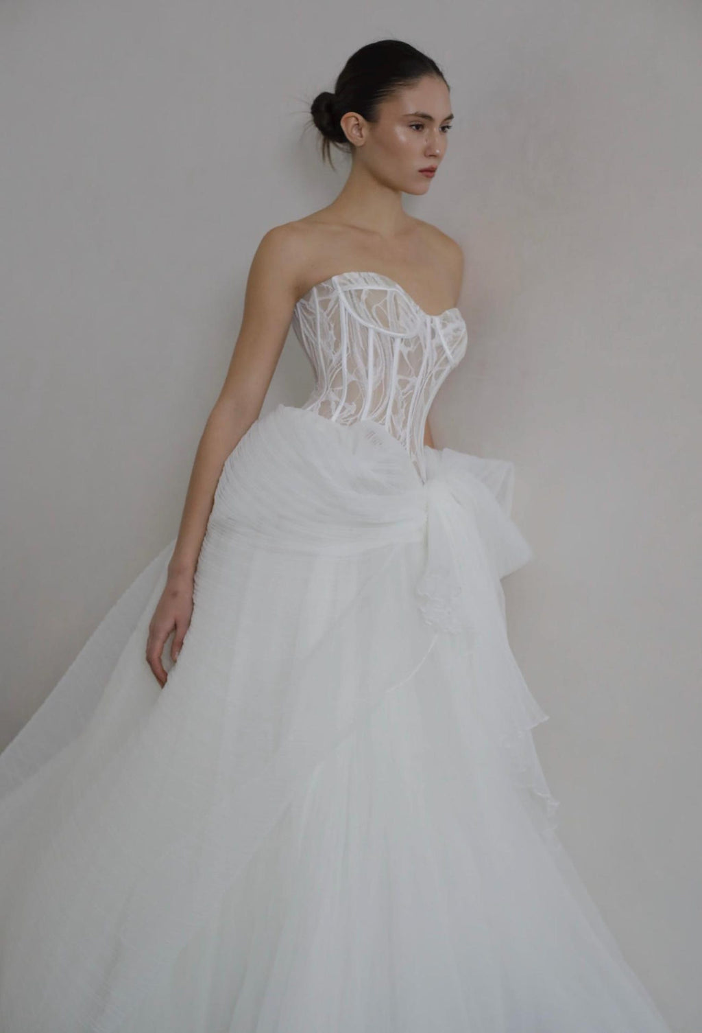 Custom Strapless Corset Bridal Gown, Tulle Skirt With Oversized Bow For Wedding
