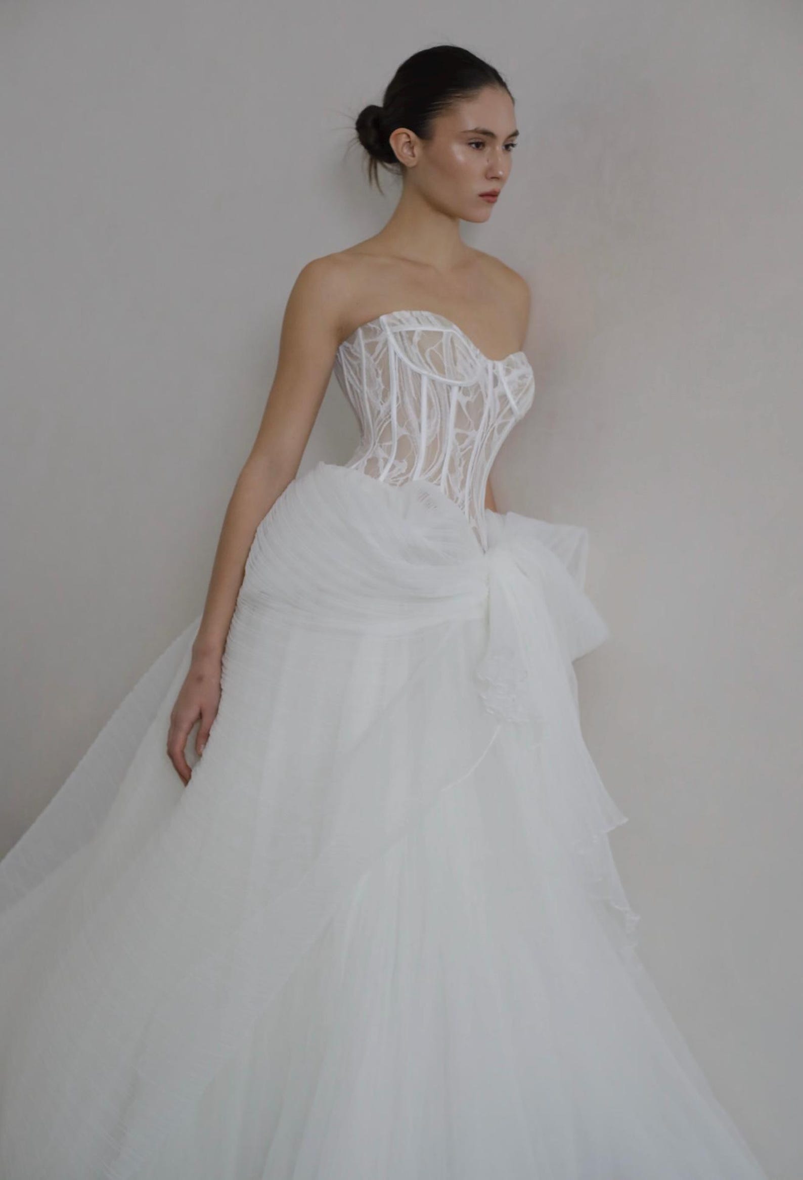 Custom Strapless Corset Bridal Gown, Tulle Skirt With Oversized Bow For Wedding