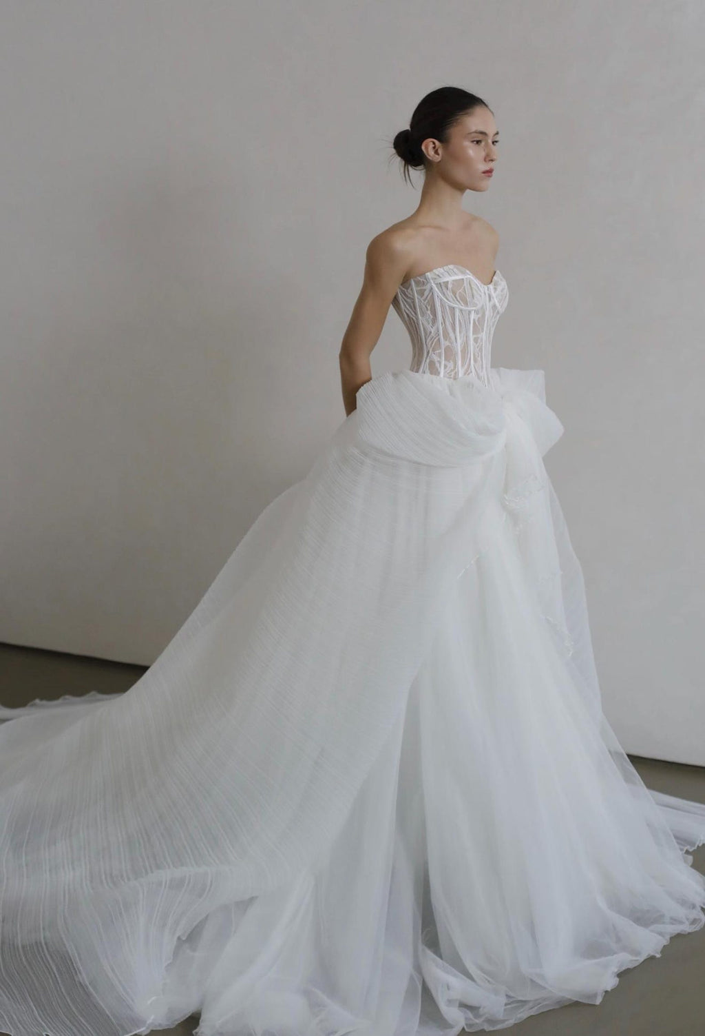 Custom Strapless Corset Bridal Gown, Tulle Skirt With Oversized Bow For Wedding