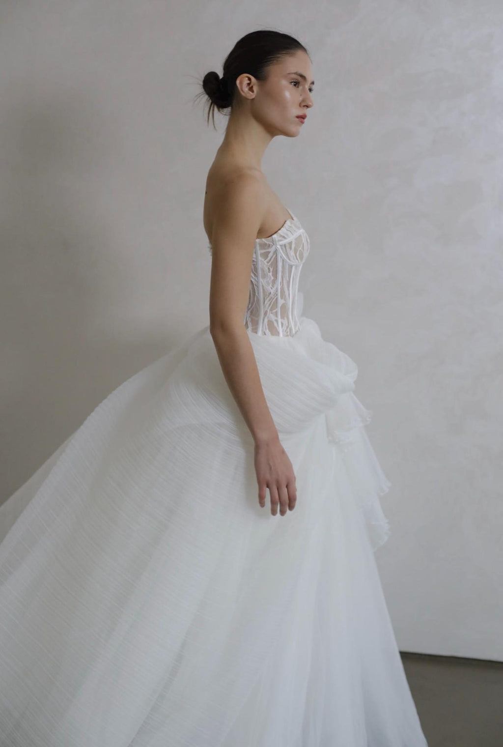 Custom Strapless Corset Bridal Gown, Tulle Skirt With Oversized Bow For Wedding