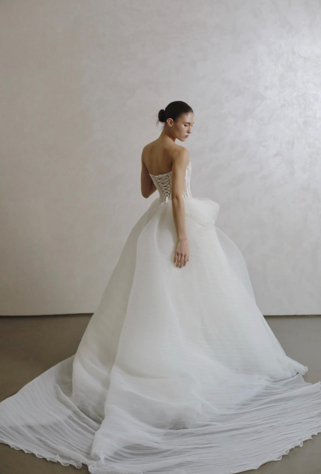 Custom Strapless Corset Bridal Gown, Tulle Skirt With Oversized Bow For Wedding