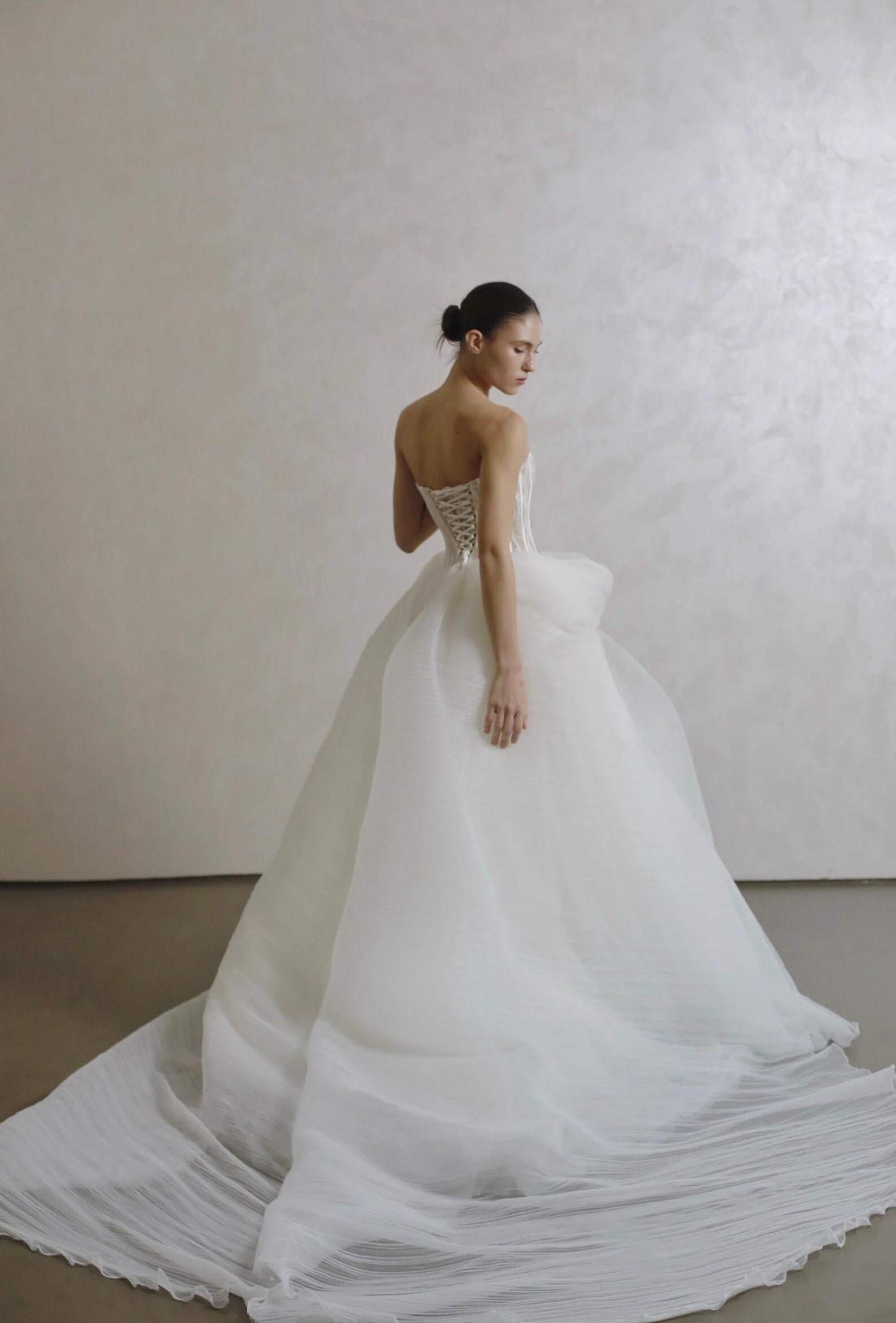 Custom Strapless Corset Bridal Gown, Tulle Skirt With Oversized Bow For Wedding
