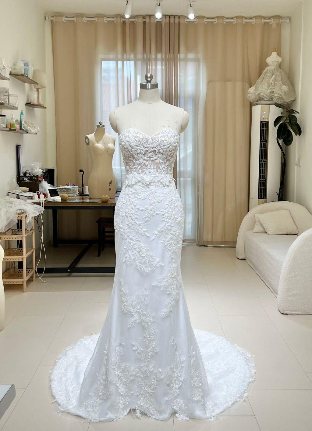 Strapless Floral Lace Mermaid Wedding Gown, Appliqué Bridal Dress With Long Train