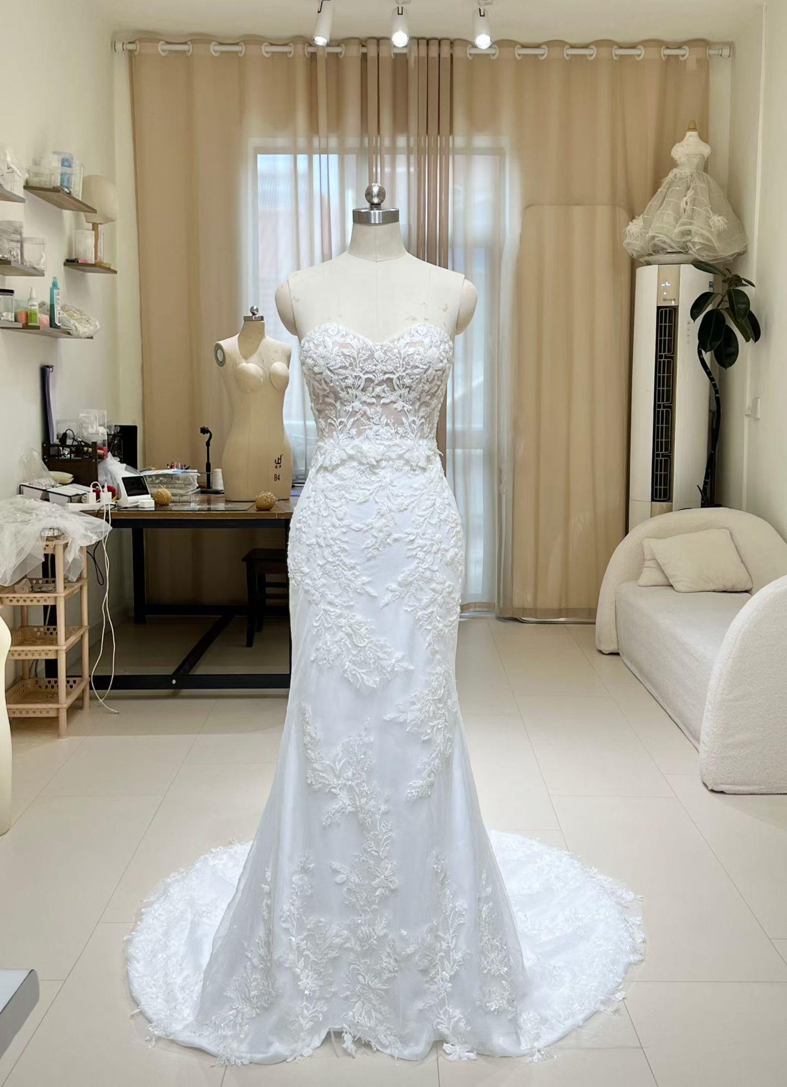 Strapless Floral Lace Mermaid Wedding Gown, Appliqué Bridal Dress With Long Train