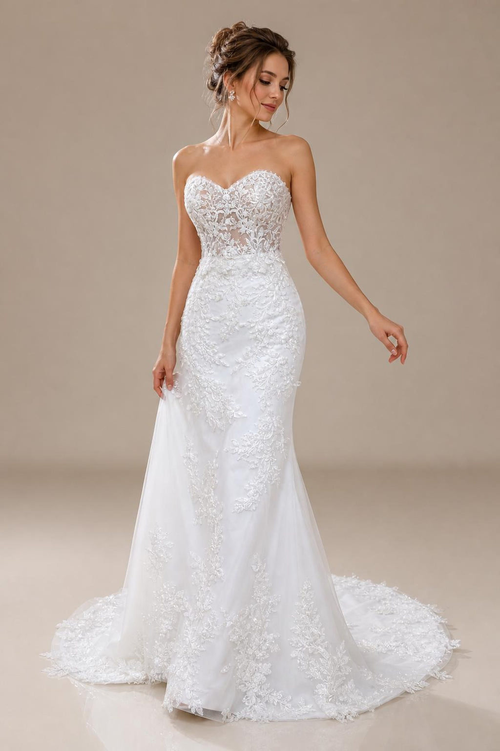 Strapless Floral Lace Mermaid Wedding Gown, Appliqué Bridal Dress With Long Train