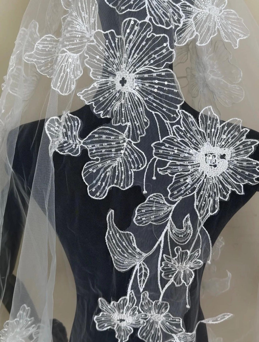 Floral Lace Cathedral Wedding Veil, 3D Flower Appliqué Long Bridal Veil