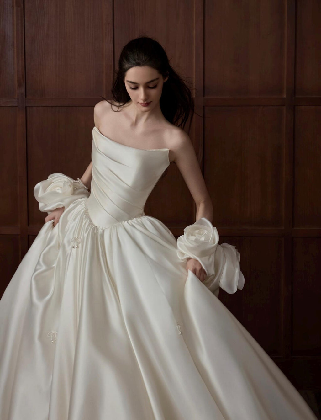 Luxury Satin Princess Wedding Gown, Strapless Pleated Bodice, Detachable 3D Rose Sleeve, Puffy Ballgown Bridal Dress