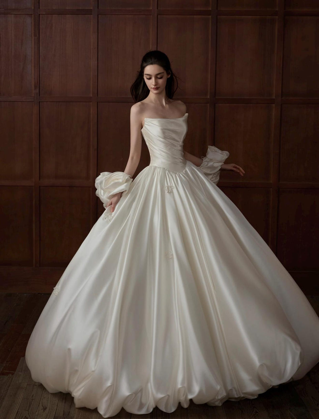 Luxury Satin Princess Wedding Gown, Strapless Pleated Bodice, Detachable 3D Rose Sleeve, Puffy Ballgown Bridal Dress