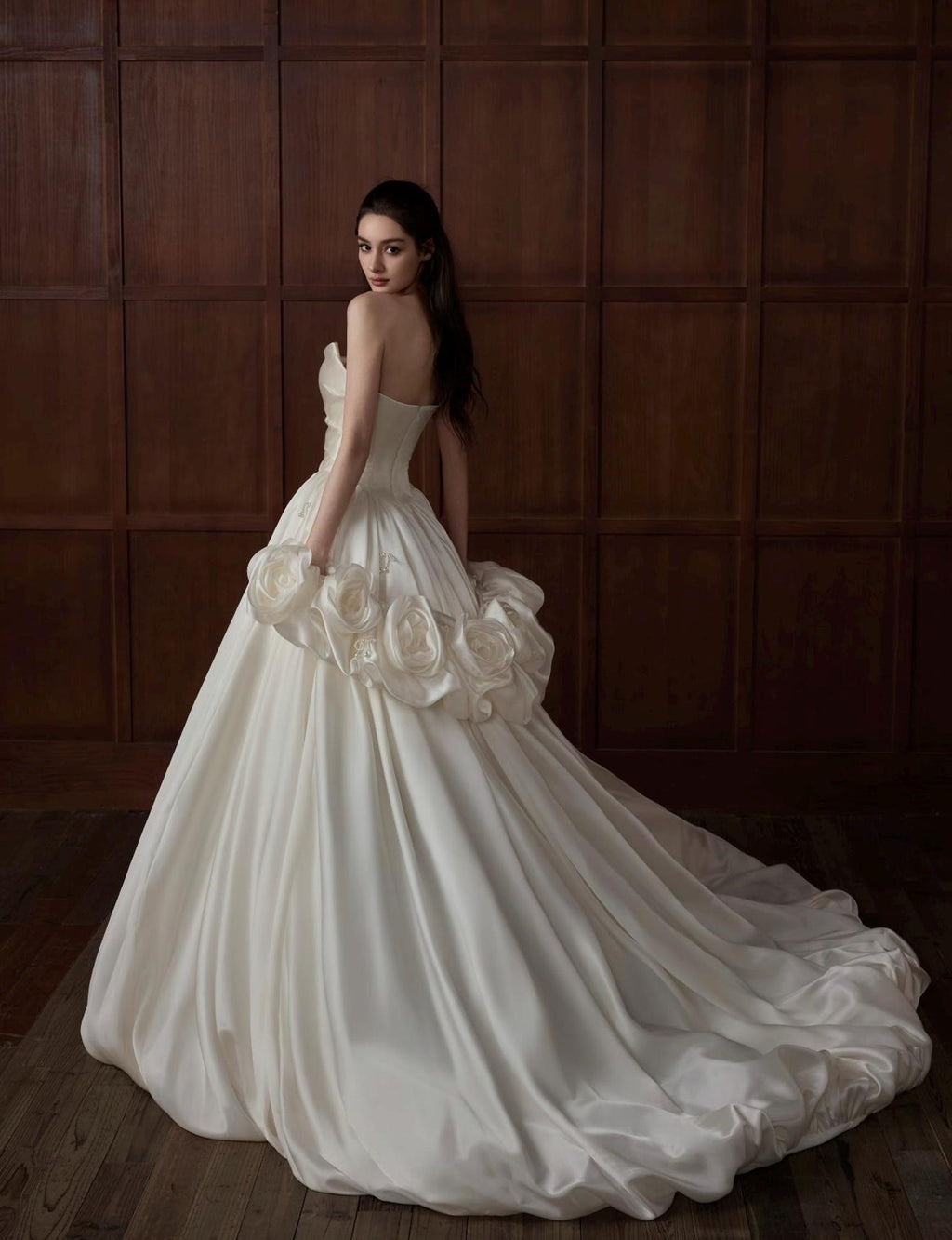Luxury Satin Princess Wedding Gown, Strapless Pleated Bodice, Detachable 3D Rose Sleeve, Puffy Ballgown Bridal Dress