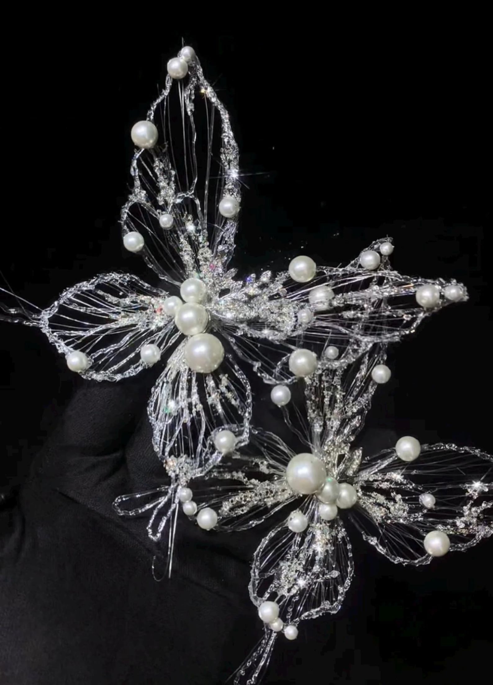 Hand‑wired Pearl Butterfly Bridal Headpiece, Crystal Rhinestone Butterfly Hair Clip, Fairy Wedding Hair Accessory for Bride
