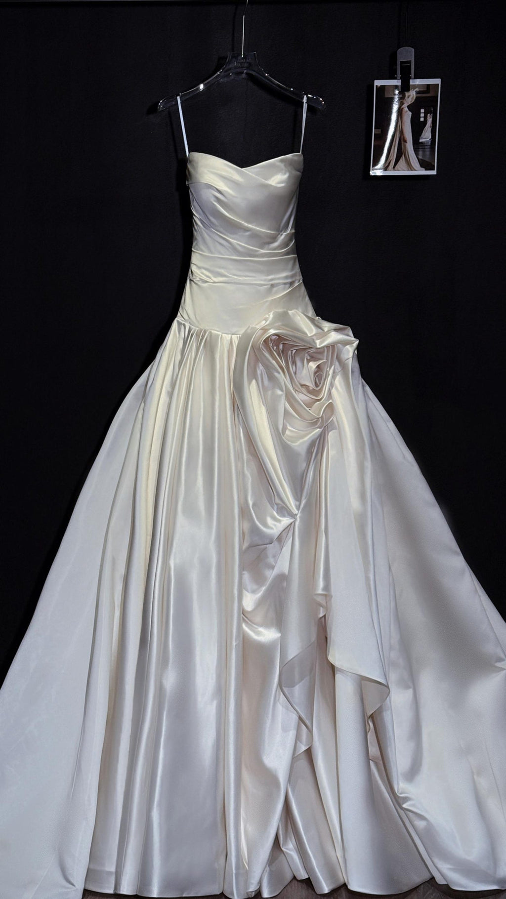 Strapless Draped Satin Wedding Dress, Handmade 3D Rose Ball Gown Bridal Gown With Train