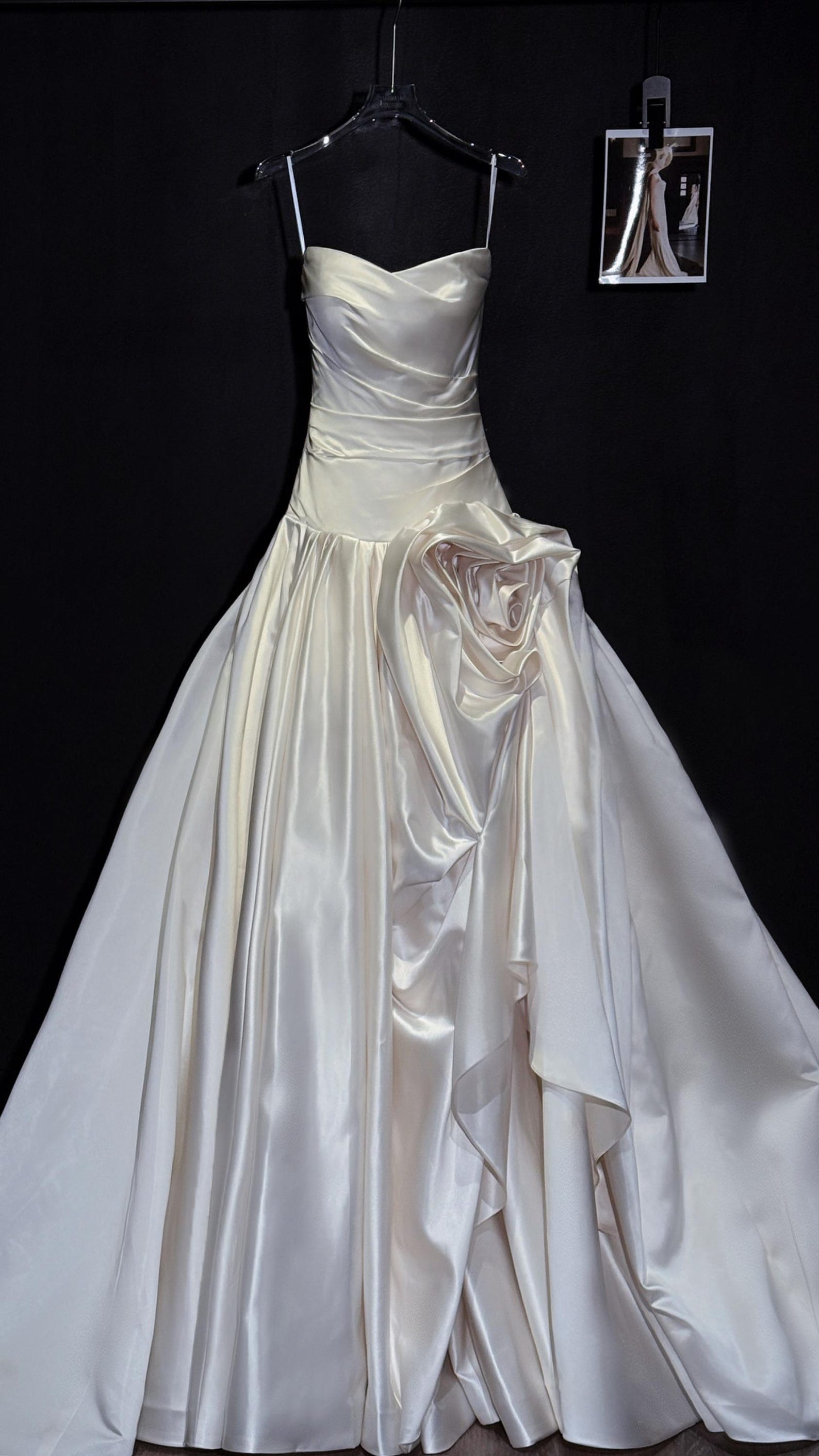 Strapless Draped Satin Wedding Dress, Handmade 3D Rose Ball Gown Bridal Gown With Train