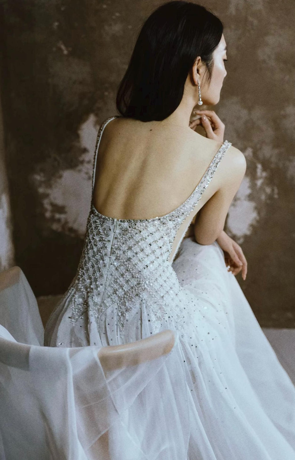 Hand Embellished Diamond Mesh Bodice Wedding Dress, Sleeveless Thin Strap Chiffon Bridal Gown, A Line Flowy Wedding Dress
