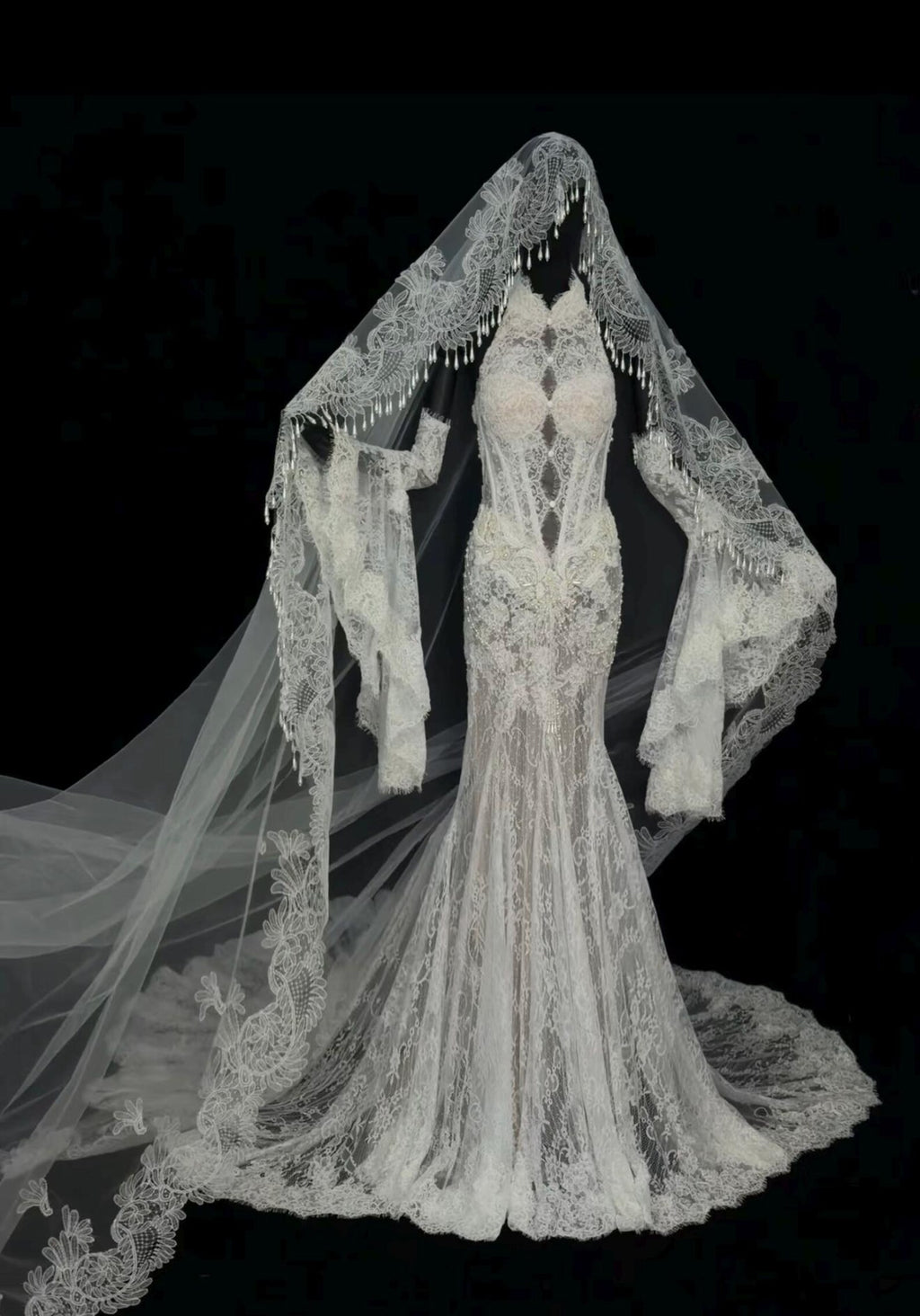 Baroque Lace Mantilla Veil, Cathedral Length Bridal Veil With Tassel Fringe Edge, Vintage Lace Cover Face Wedding Veil