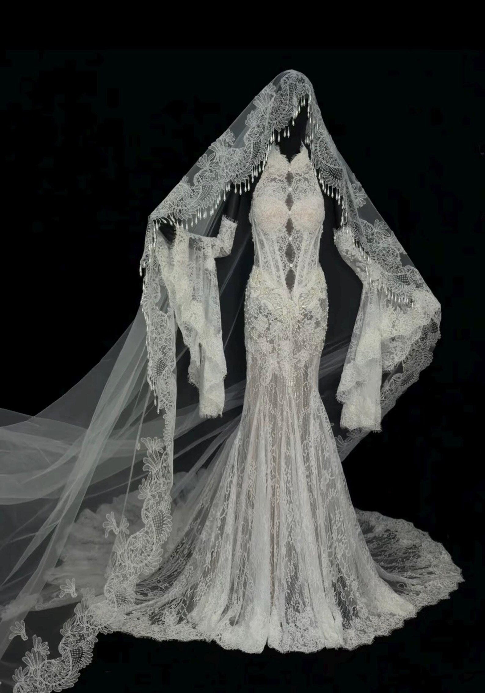Baroque Lace Mantilla Veil, Cathedral Length Bridal Veil With Tassel Fringe Edge, Vintage Lace Cover Face Wedding Veil
