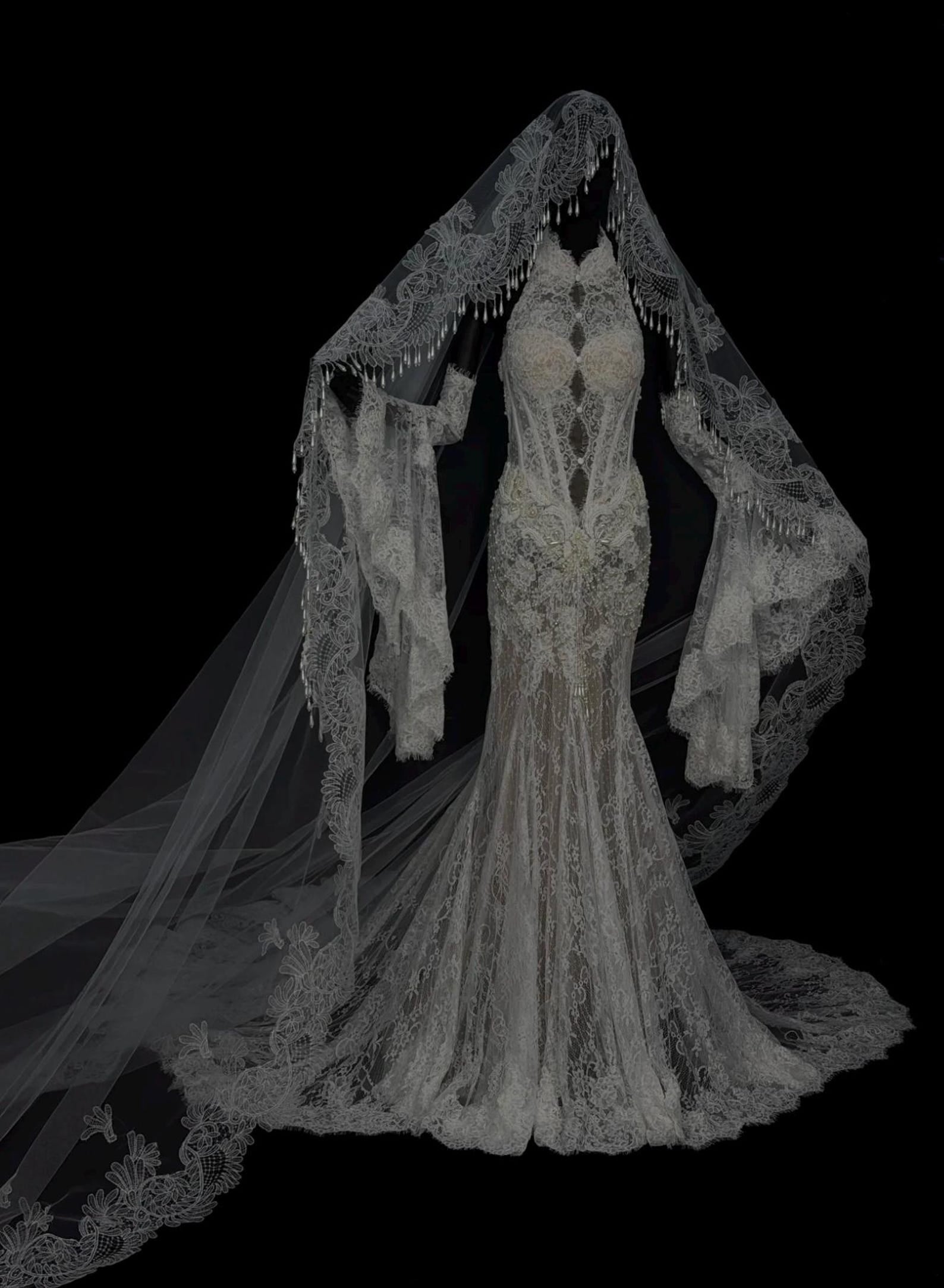 Baroque Lace Mantilla Veil, Cathedral Length Bridal Veil With Tassel Fringe Edge, Vintage Lace Cover Face Wedding Veil
