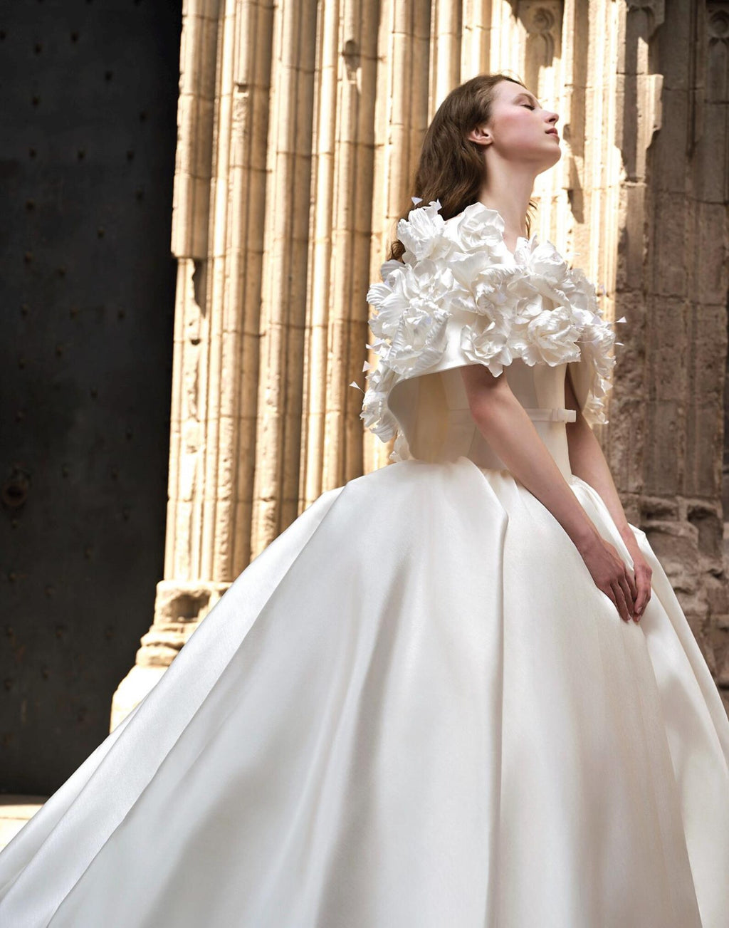 Two‑In‑One Satin Ball Gown Wedding Dress, Detachable 3D Floral Ruffle Shoulder, Strapless Bridal Gown With Cathedral Train