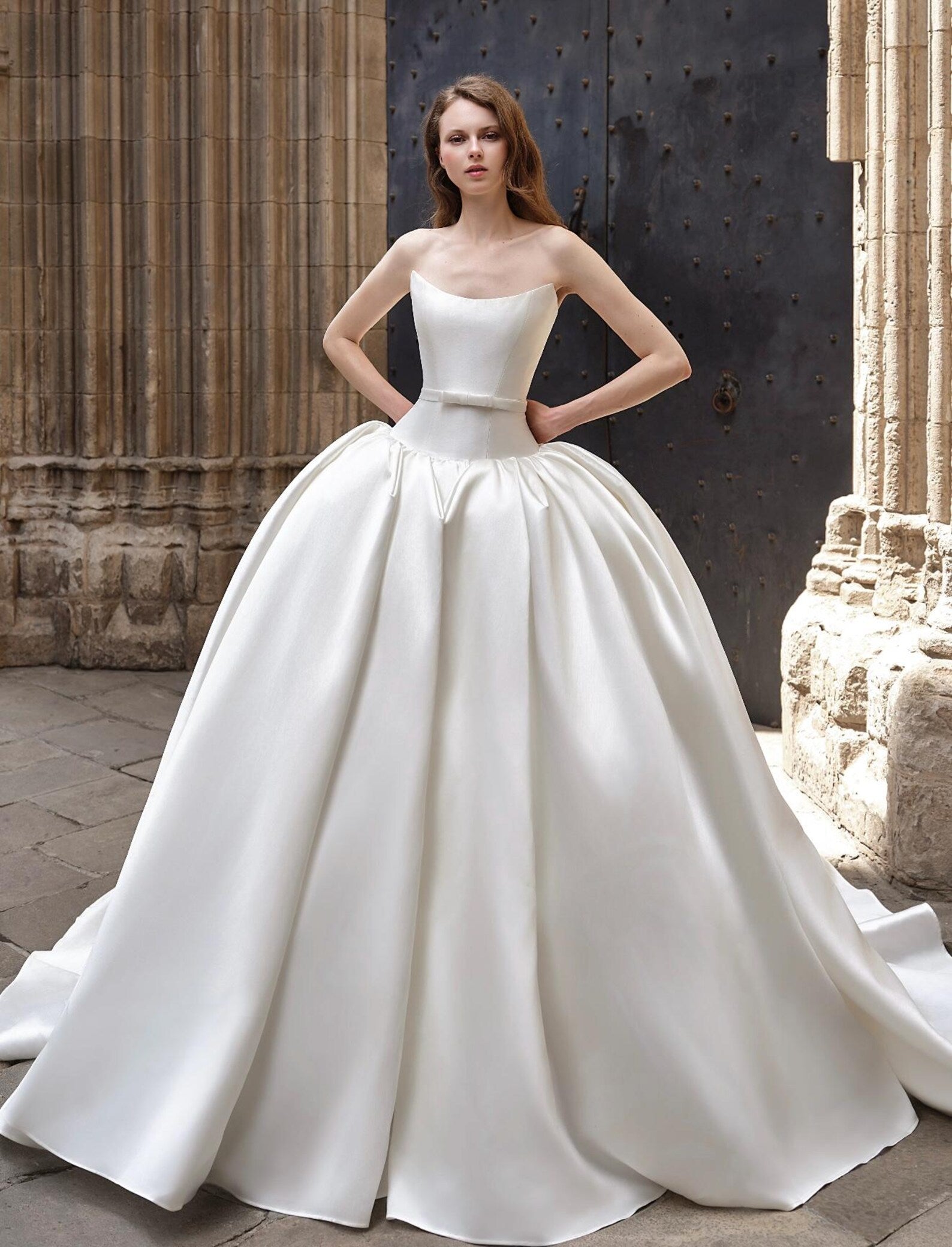 Two‑In‑One Satin Ball Gown Wedding Dress, Detachable 3D Floral Ruffle Shoulder, Strapless Bridal Gown With Cathedral Train